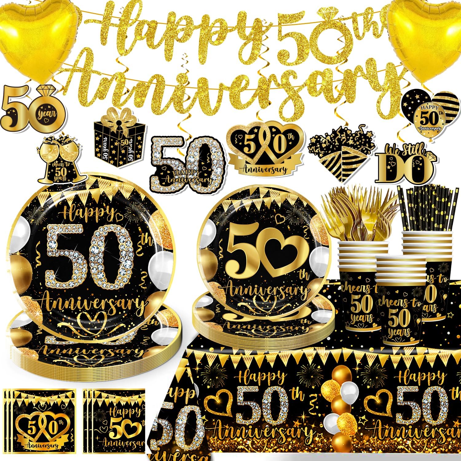 Amazon.com: cocomigo 162pc 50th Decorations Tableware Set, Wedding ...