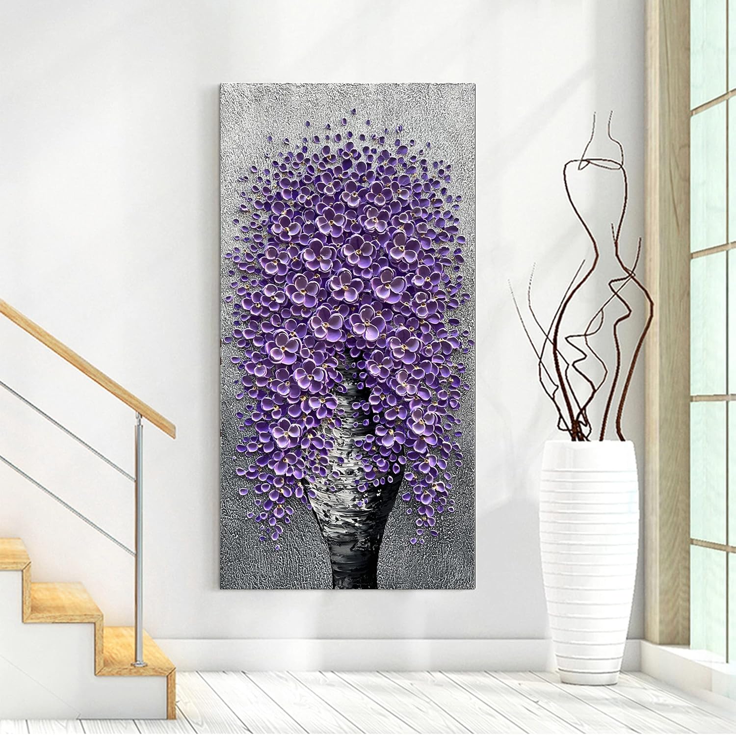Epicler Hand-Painted Large Purple Flower Oil Painting Contemporary Abstract Home Furnishing Wall Decorative Art Painting Modern Canvas Art Works, 48 X 24 inch