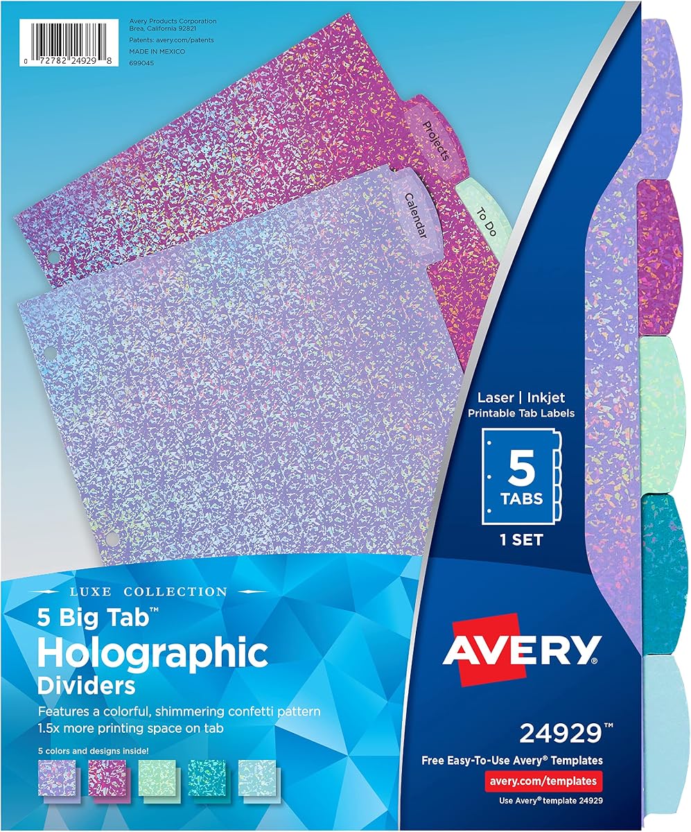 Avery Big Tab Holographic Dividers, 5-Tab, Multicolor, 1 Set | For Organizing Projects and Subjects, Durable, Clear Printable Tab Labels, Reflective Confetti Design, For 3-Ring Binders