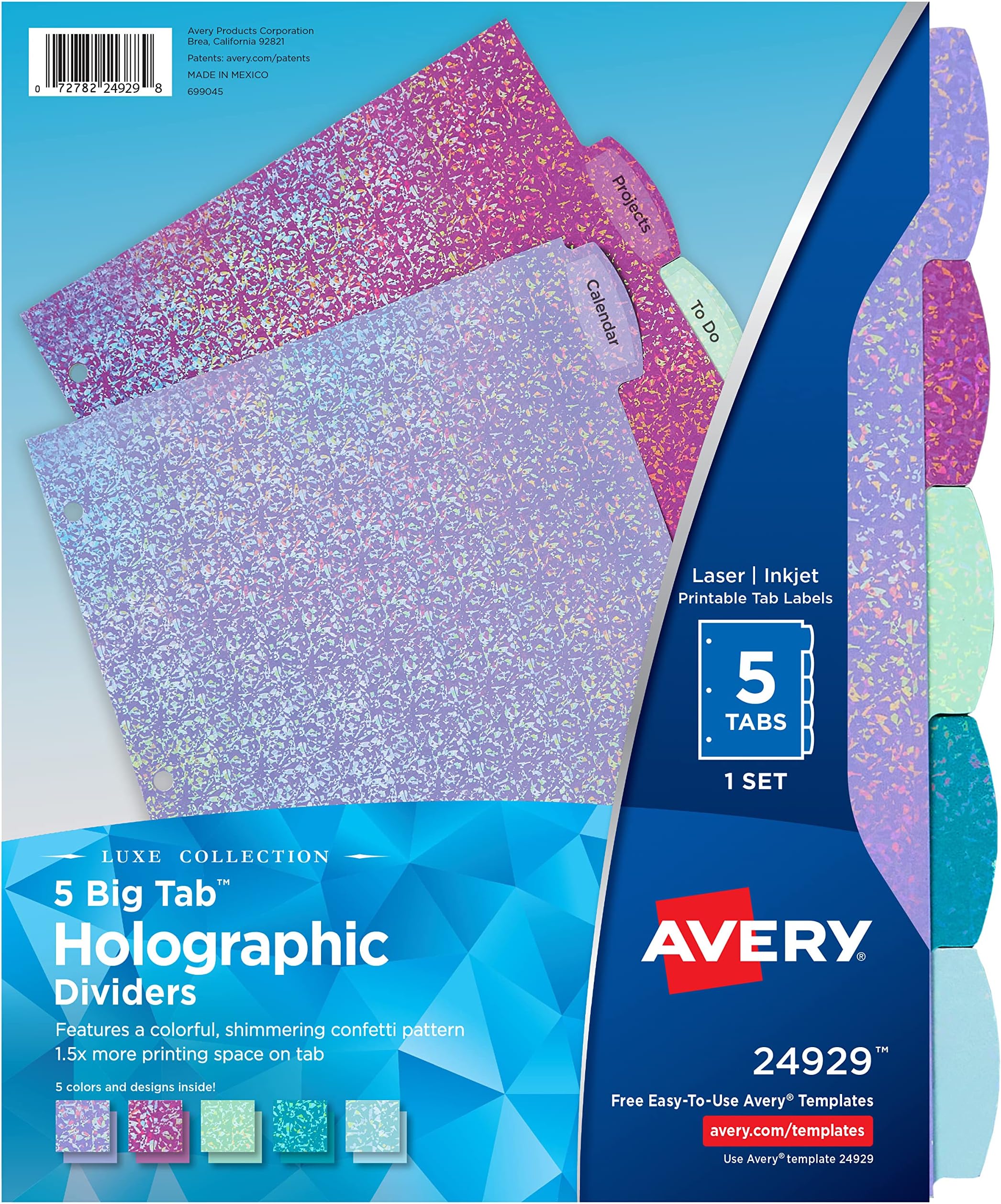 Avery Luxe Collection Holographic Big Tab Fashion Dividers for 3 Ring Binders, 5 Tab Set, Confetti Pattern, 1 Set (24929)