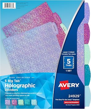 Avery Luxe Collection Holographic Big Tab Fashion Dividers for 3 Ring Binders, 5 Tab Set, Confetti Pattern, 1 Set 24929