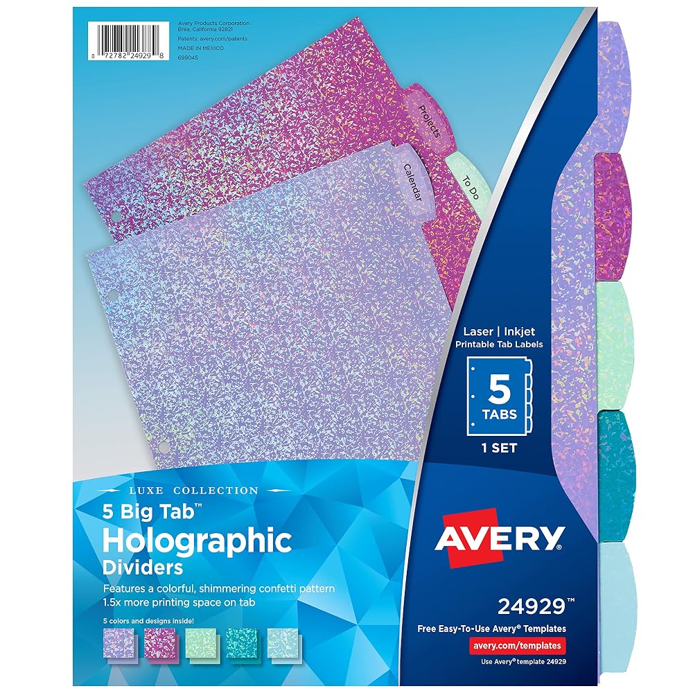 Avery Big Tab Holographic Dividers, 5-Tab, Multicolor, 1 Set