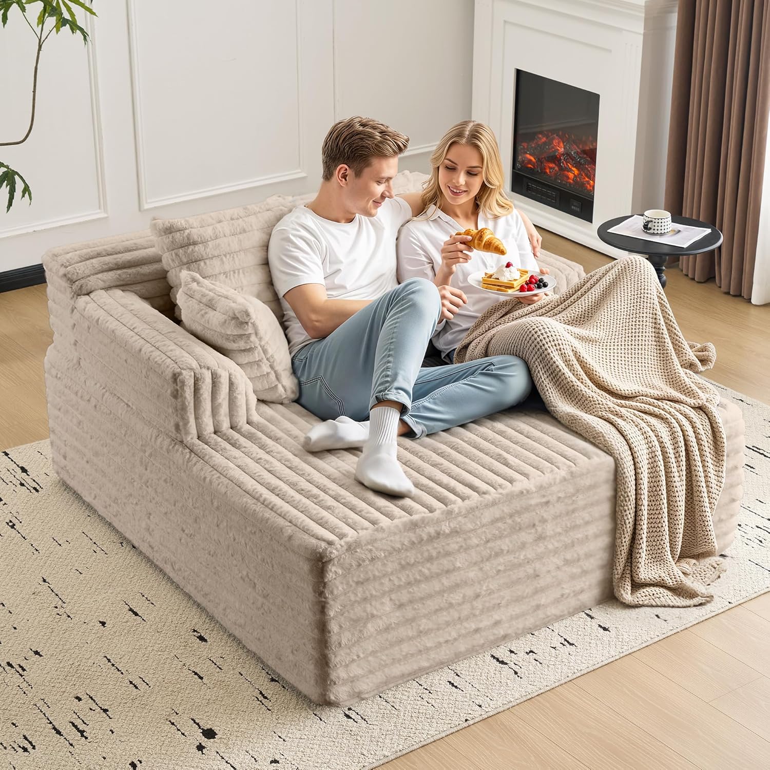 61 Inch Chaise Lounge Indoor,Oversized Upholstered Boneless Sofa Bed with Pillows, Chair Reading Chairs with Armrests,Cloud Couches for Living Room,No Assembly Required(Brown)