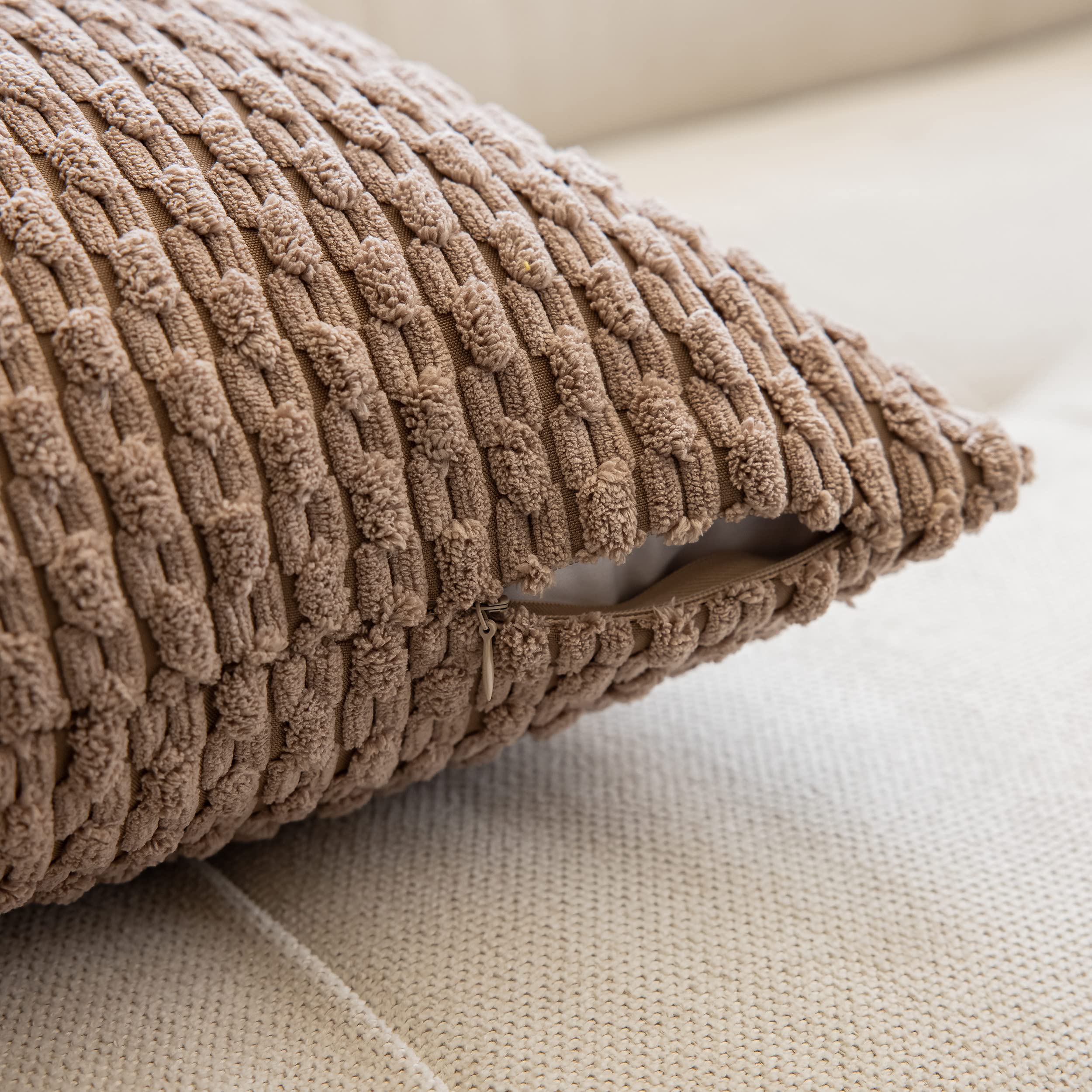 Kevin Textile 2 Packs Light Brown Euro Farmhouse Decorative Throw Pillow Covers 26x26 Inch for Living Room Couch Bed Sofa, Rustic Boho Home Decor, Soft Striped Corduroy Square Cushion Case 66x66 cm