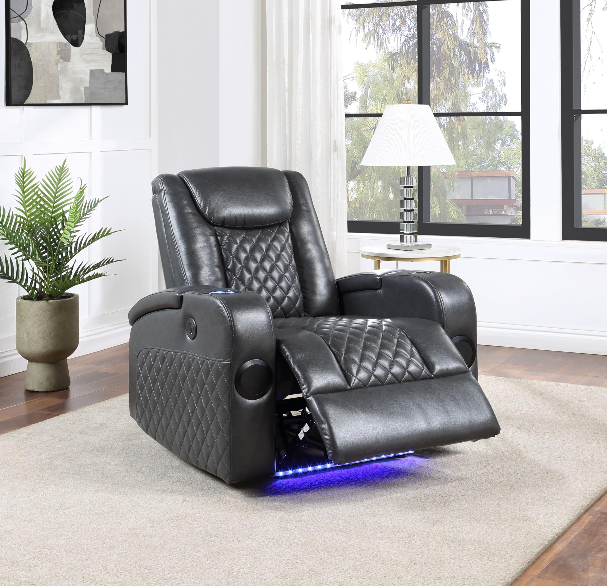 Elountik Power Motion Recliner with Bluetooth Speaker, Cooling Cup Holder and USB Charge Port, Traditional Reclining Sofa Chair, Dark Gray, PU Leather