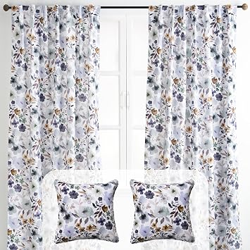 Maison d Hermine Blossom - Flora Bundle Set 100% Cotton Curtains 96 Inch x 50 Inch, 2 Panels & 2 Decorative Pillow Covers 18 Inch x 18 Inch