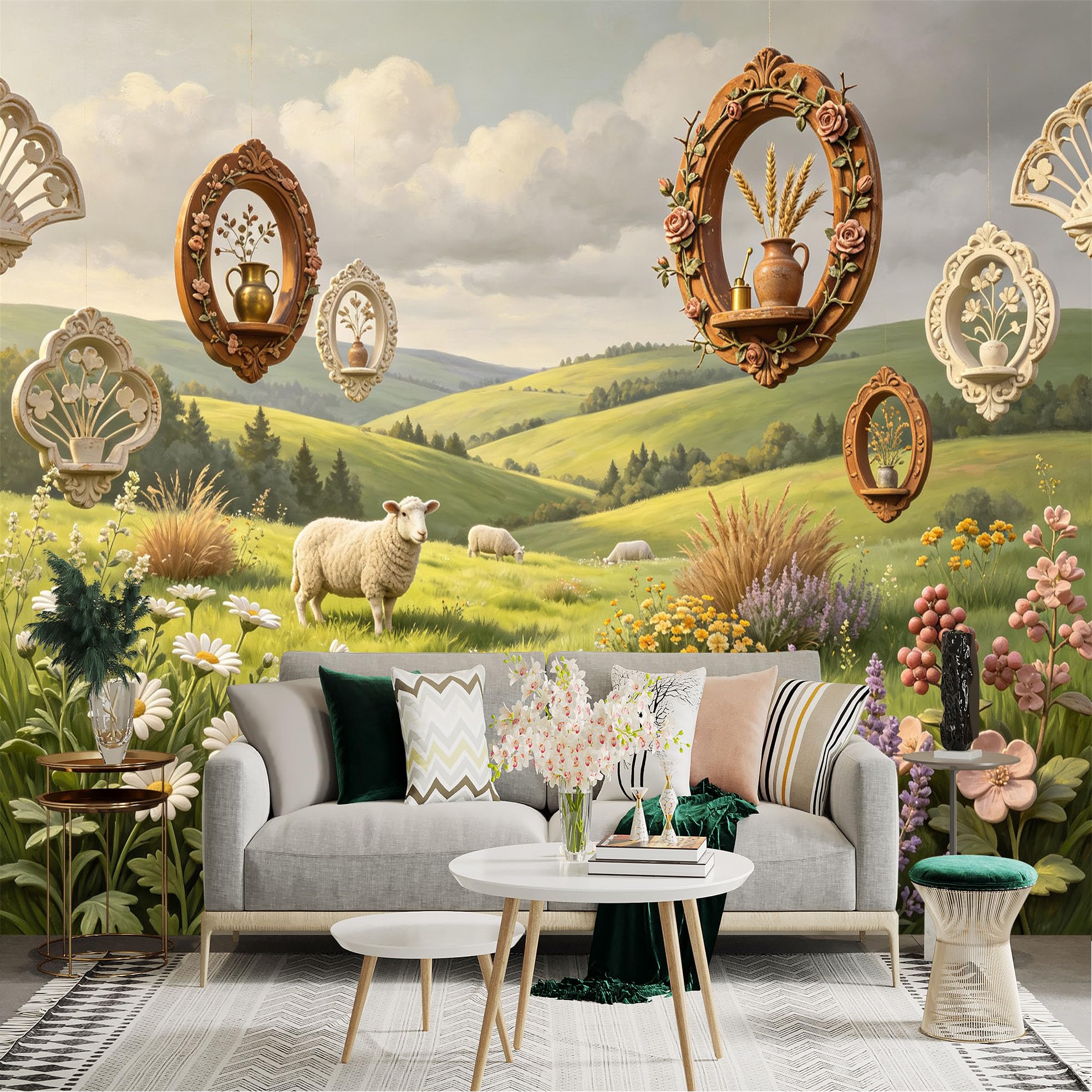 Lnzczhyre Bh260719293 Custom Size Wall Sticker Mural， Sheep In Pastoral Meadow， Floating Floral Frames， Rustic Countryside Scenery， For Wall Decoration， Peelandstick Wall Decals.