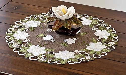 Miniatura 2 de Hermoso diseño floral de magnolia blanca y hojas verdes bordadas en lino de poliéster marrón redondo de 23 pulgadas o 33 pulgadas (23 pulgadas