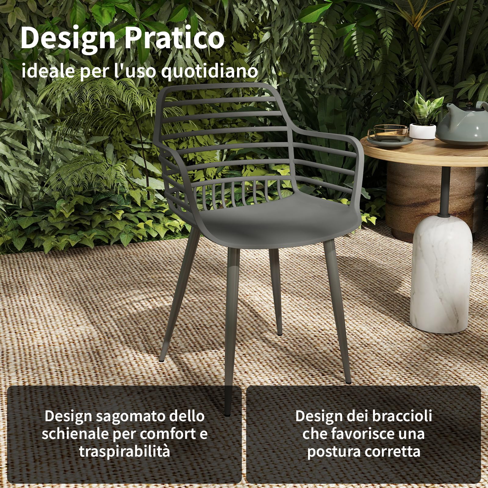JIJIAN Set da 4 Sedie da Giardino con Braccioli Portata 120 kg Grigio | Plastica PP con Gambe in Ferro Traspirante Robusto Facile da Pulire Sedia Leisure per Balcone Giardino Terrazza Cucina