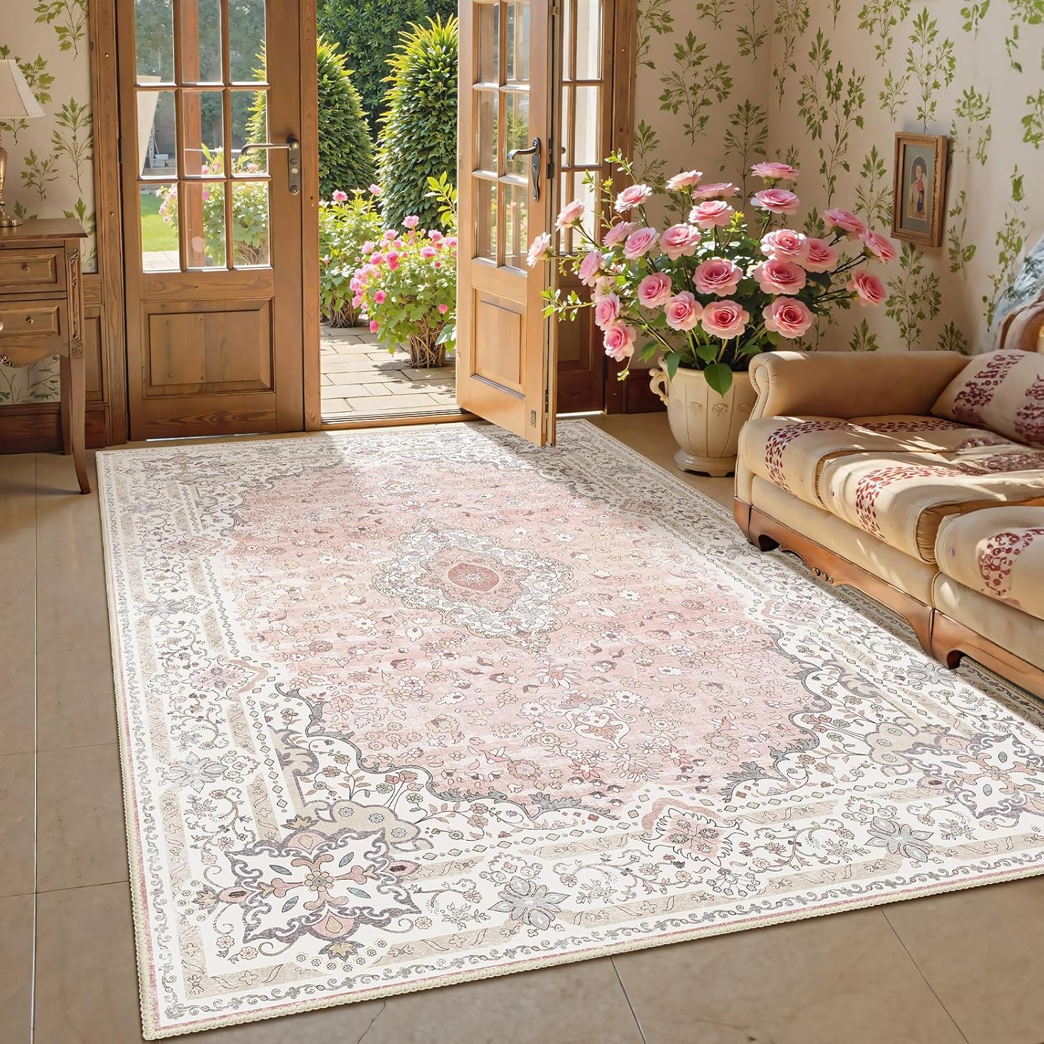Pink Rug 3x5 for Bedroom, Washable Area Rug for Living Room Dining Room Entryway, Non Slip Vintage Boho Rug for Kitchen, Soft Low Pile Stain Resistant Floor Carpet Indoor