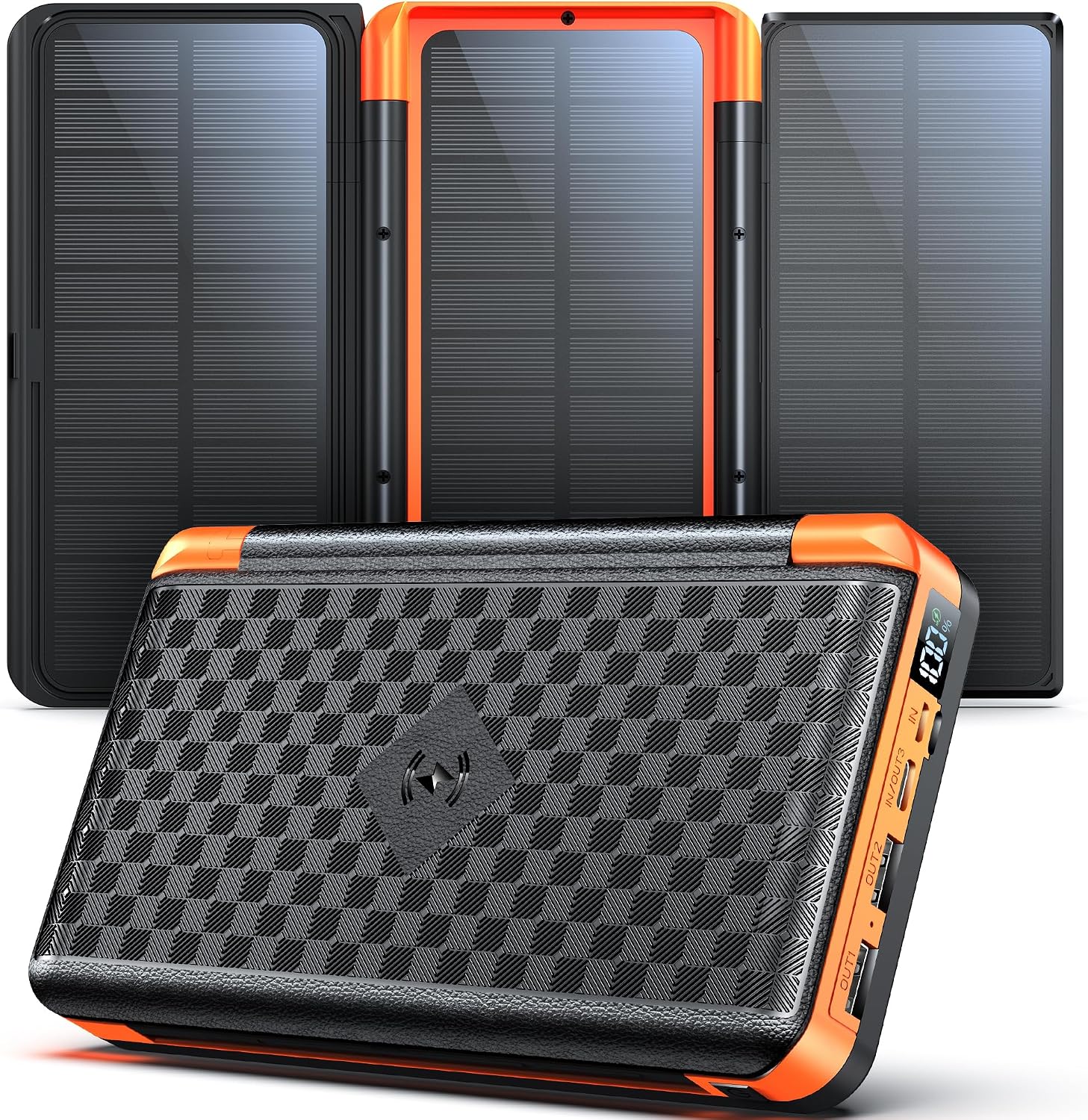 63200mAh Power Bank Solar 3 Paneles Solares Batería Externa de PD 22,5W Carga Rápida con USB-C Carga Inalámbrica Linterna SOS,Pantalla Digital, Ideal para Camping al Aire Libre
