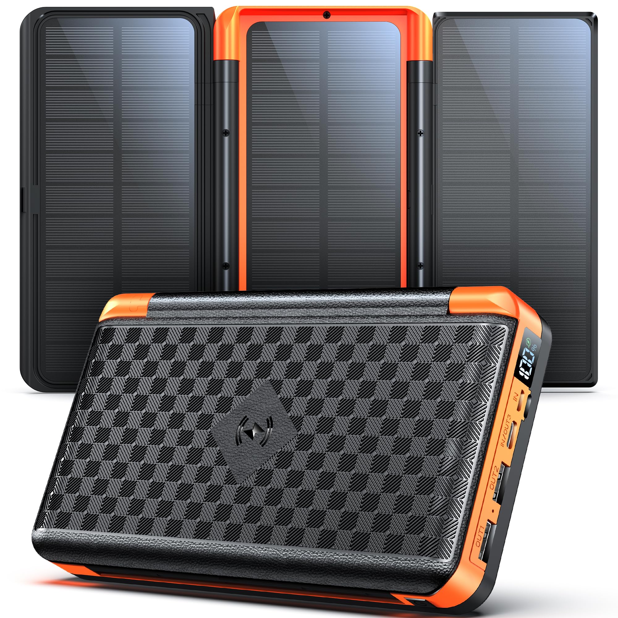 63200mAh Power Bank Solare con 3 Pannelli Solari e 22,5W Ricarica Rapida: Batteria Esterna Wireless con 6 Uscite, Torcia SOS e Display Digitale, Ideale per Campeggio e Attività Outdoor,Emergenza