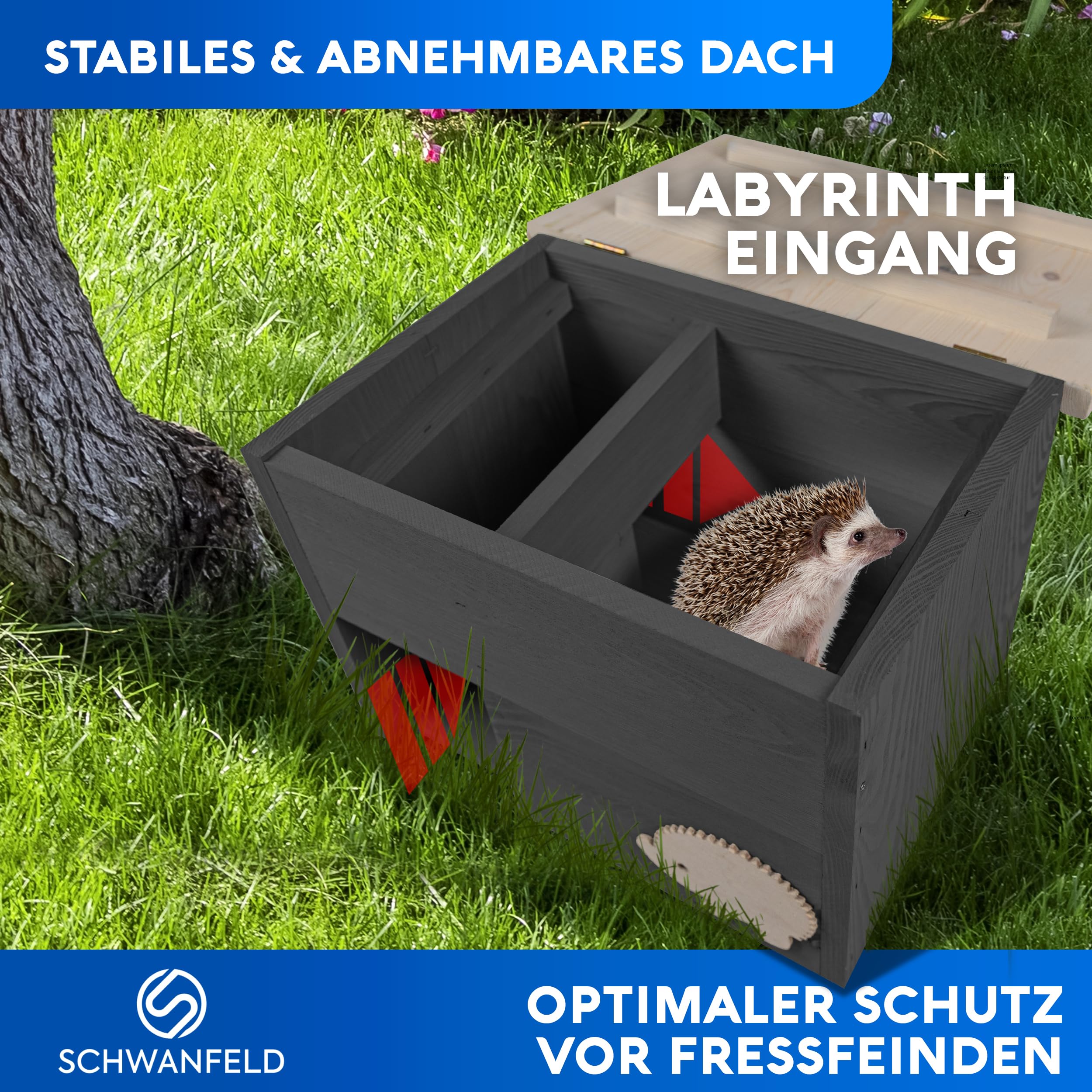SCHWANFELD Igelhaus Winterfest mit Boden Labyrintheingang Premium Igelfutterhaus Igel Haus Schlafhaus