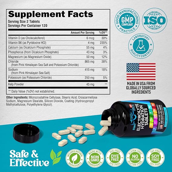 Electrolyte Tablets with Magnesium, Sodium, Potassium, Chloride - 240 Tabs | Electrolytes Salt Pills with Kelp Powder, Vitamins D3 & B6 - Vegan & Keto Friendly Oral Tablets as Capsules - Lab Tested