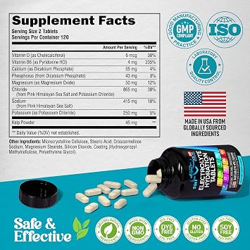Electrolyte Tablets with Magnesium, Sodium, Potassium, Chloride - 240 Tabs | Electrolytes Salt Pills with Kelp Powder, Vitamins D3 & B6 - Vegan & Keto Friendly Oral Tablets as Capsules - Lab Tested