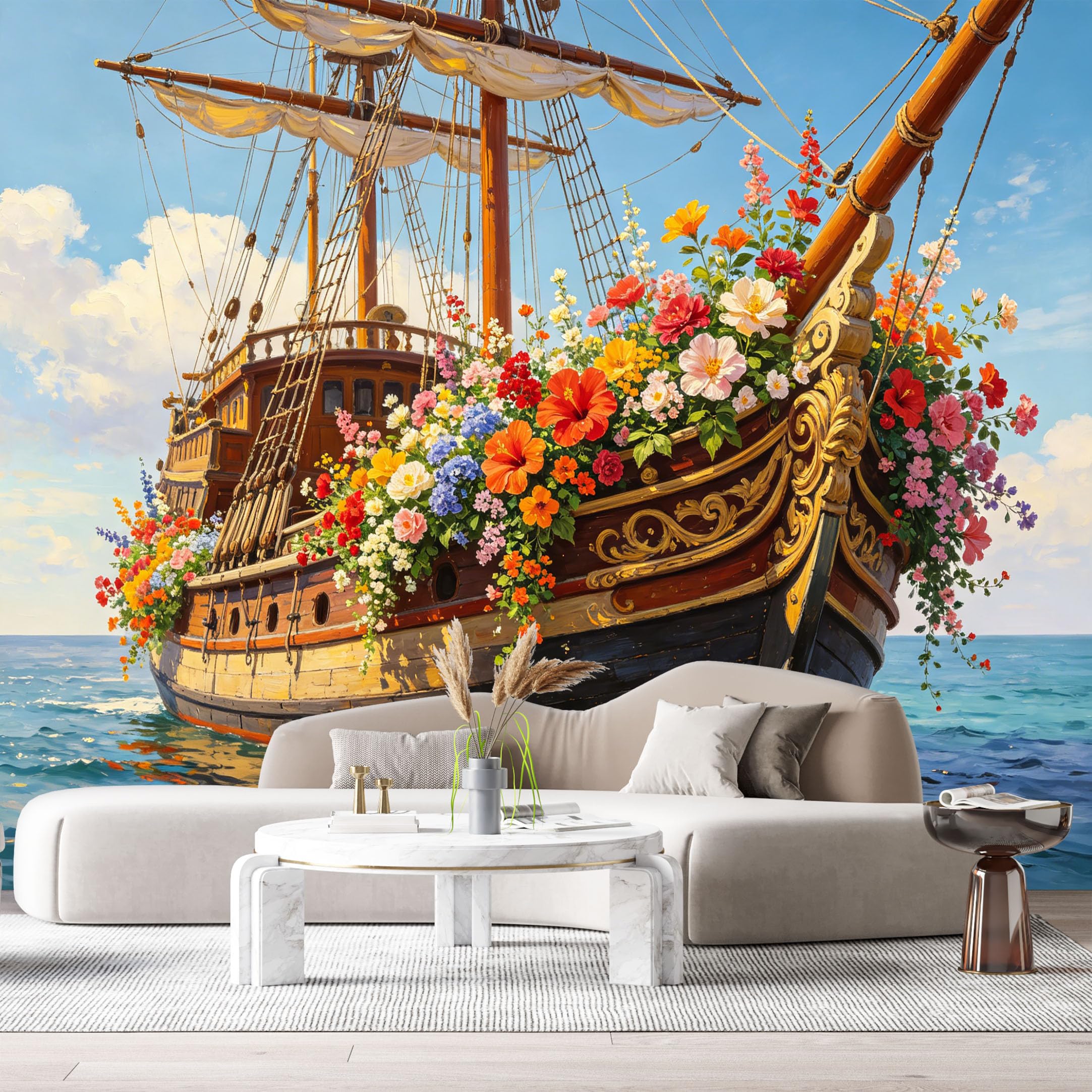 Custom Size Wall Murals Botanical Ocean Ship Oil Painting Floral Sailing Vessel SelfAdhesiveWall Fabric Removable Wallpaper Wall Decor for Living Room Bedroom Bathroom
