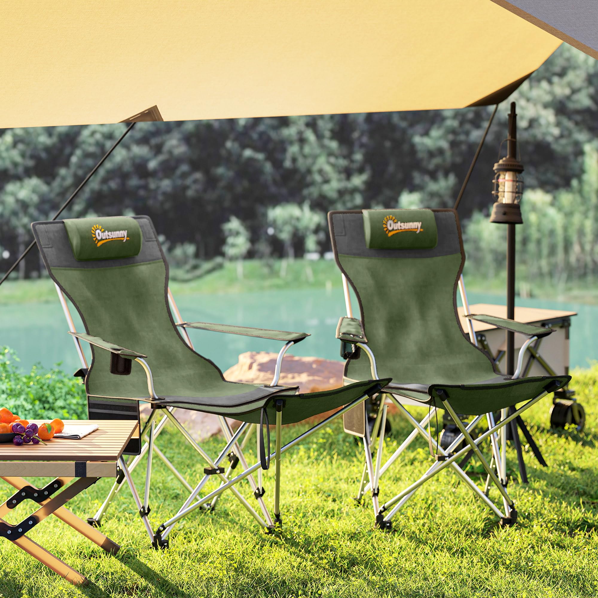 Outsunny Set 2 Sedie da Campeggio Pieghevoli con Poggiapiedi Staccabile, Portabicchieri e Tasca Laterale, Sedie da Giardino in Tessuto Oxford e Metallo, Portata Fino a 120 kg, 125x48x90 cm, Verde