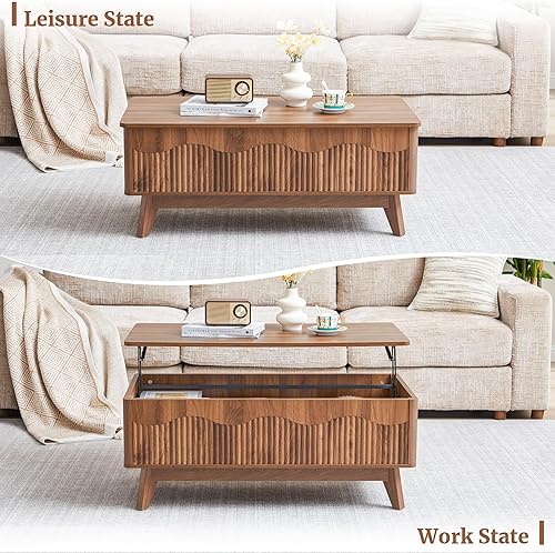 Miniatura 7 de BERRYMERRY Mesa de centro elevable con almacenamiento oculto, mesa de centro acanalada de granja con perfil ondulado, mesa central rectangular con