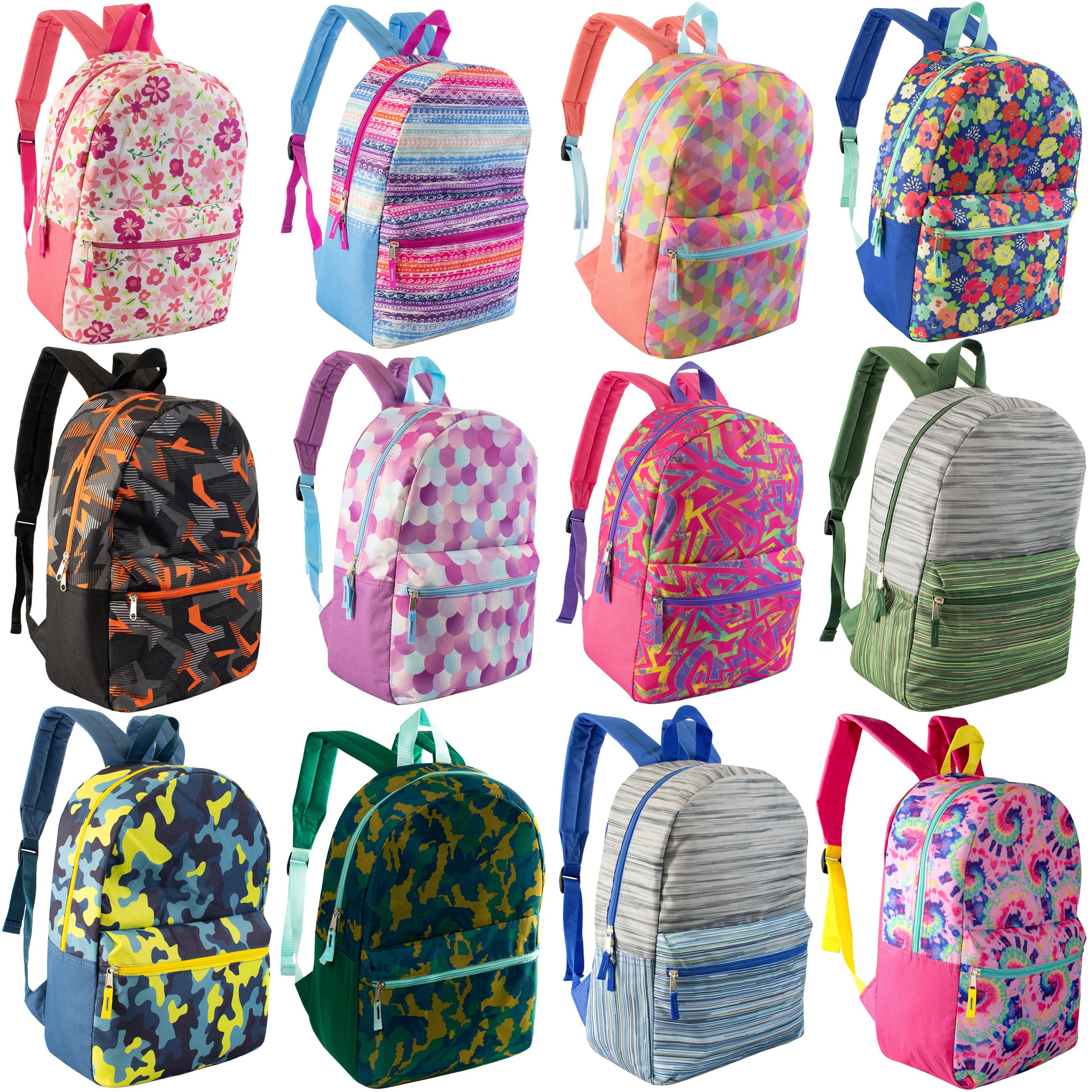 17 Inch Wholesale Basic Bulk Backpacks - Assorted Colors - Wholesale Bookbags, Assorted, 24 Pack
