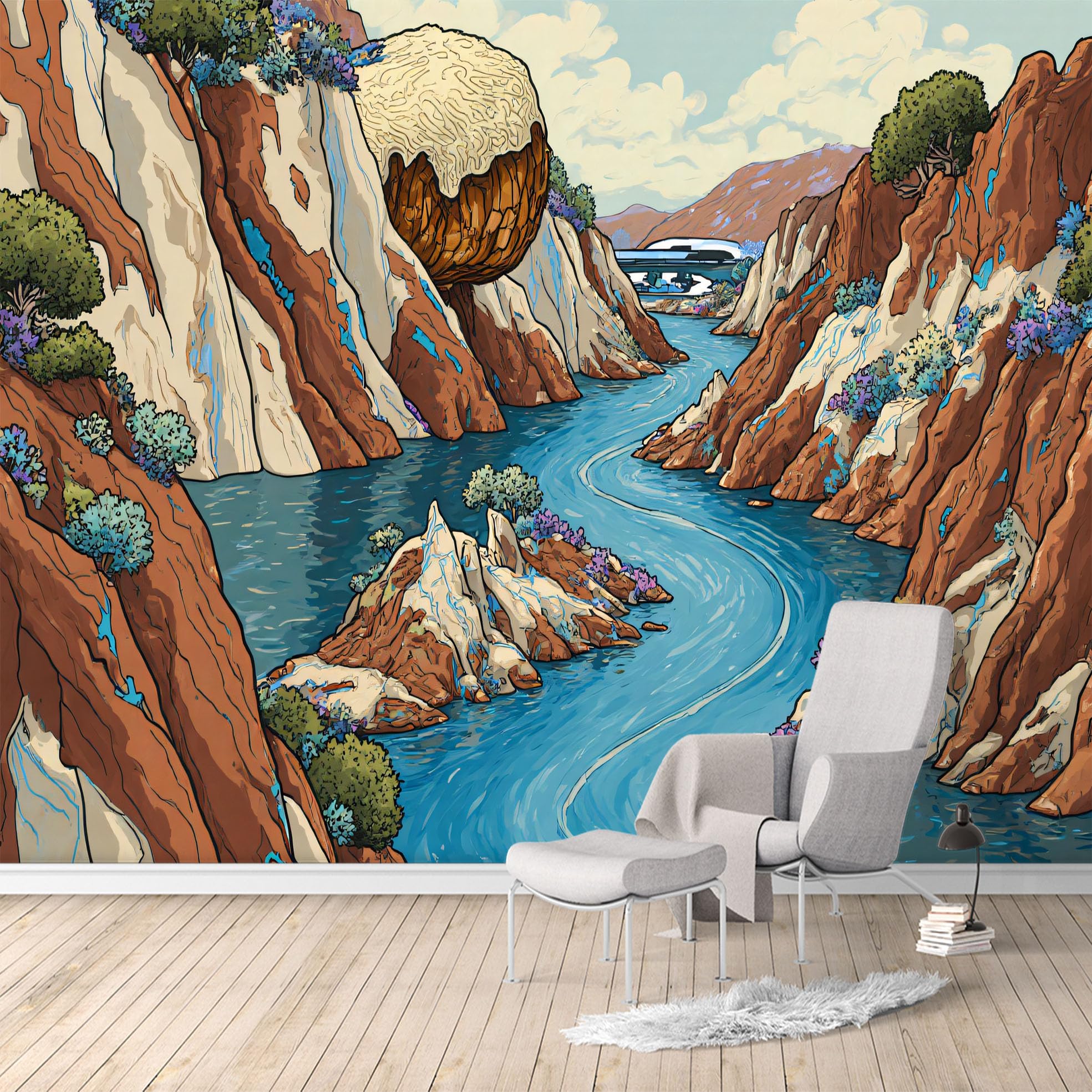 Custom Size Wall Murals, Winding River & Dramatic Canyon Landscape, Removable Self Adhesive Large Wallpaper Mural for Living Room Bedroom Office Home Decor