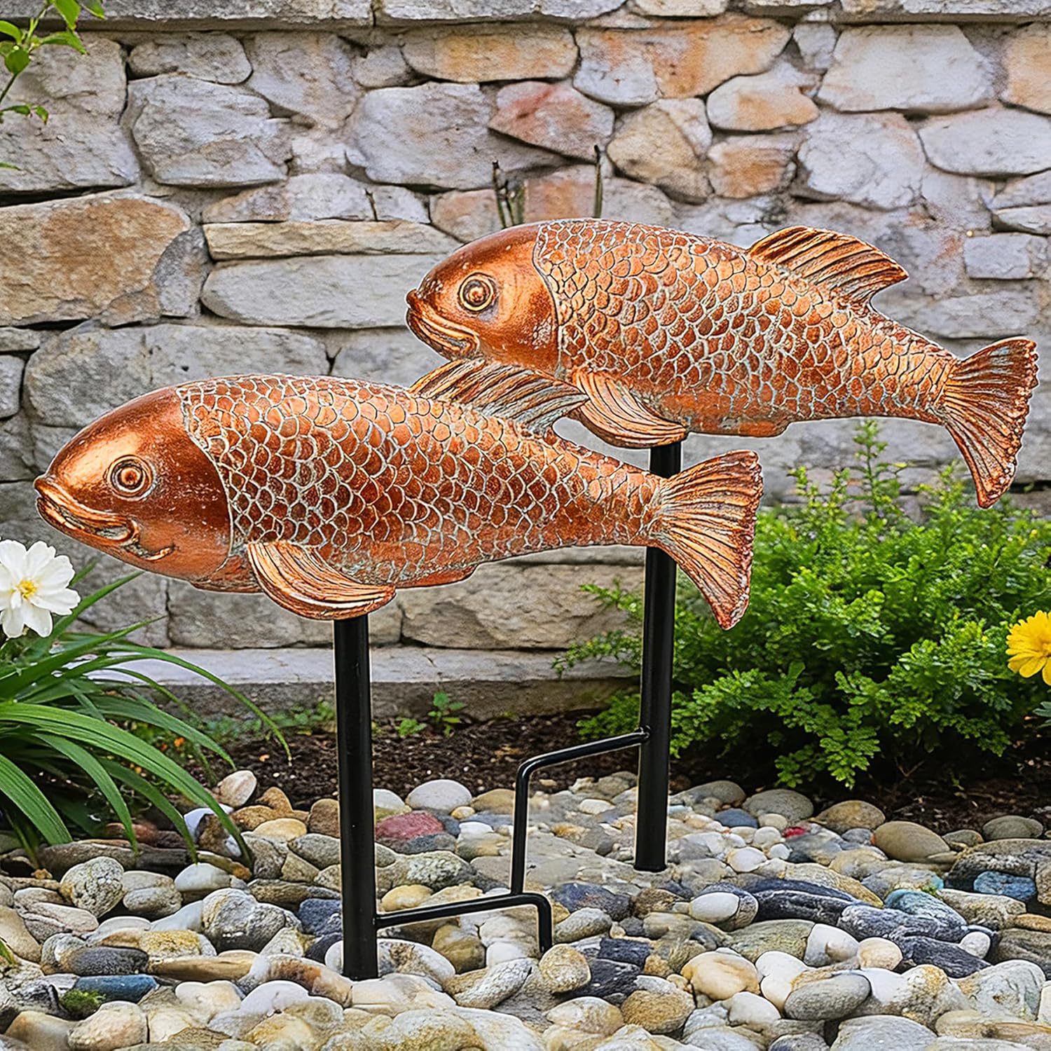 Teaeeno Set of 2 Antique Koi Fish Statue, Outdoor Garden Sculpture for Patio, Backyard, Pond, and Home Decor (Red)