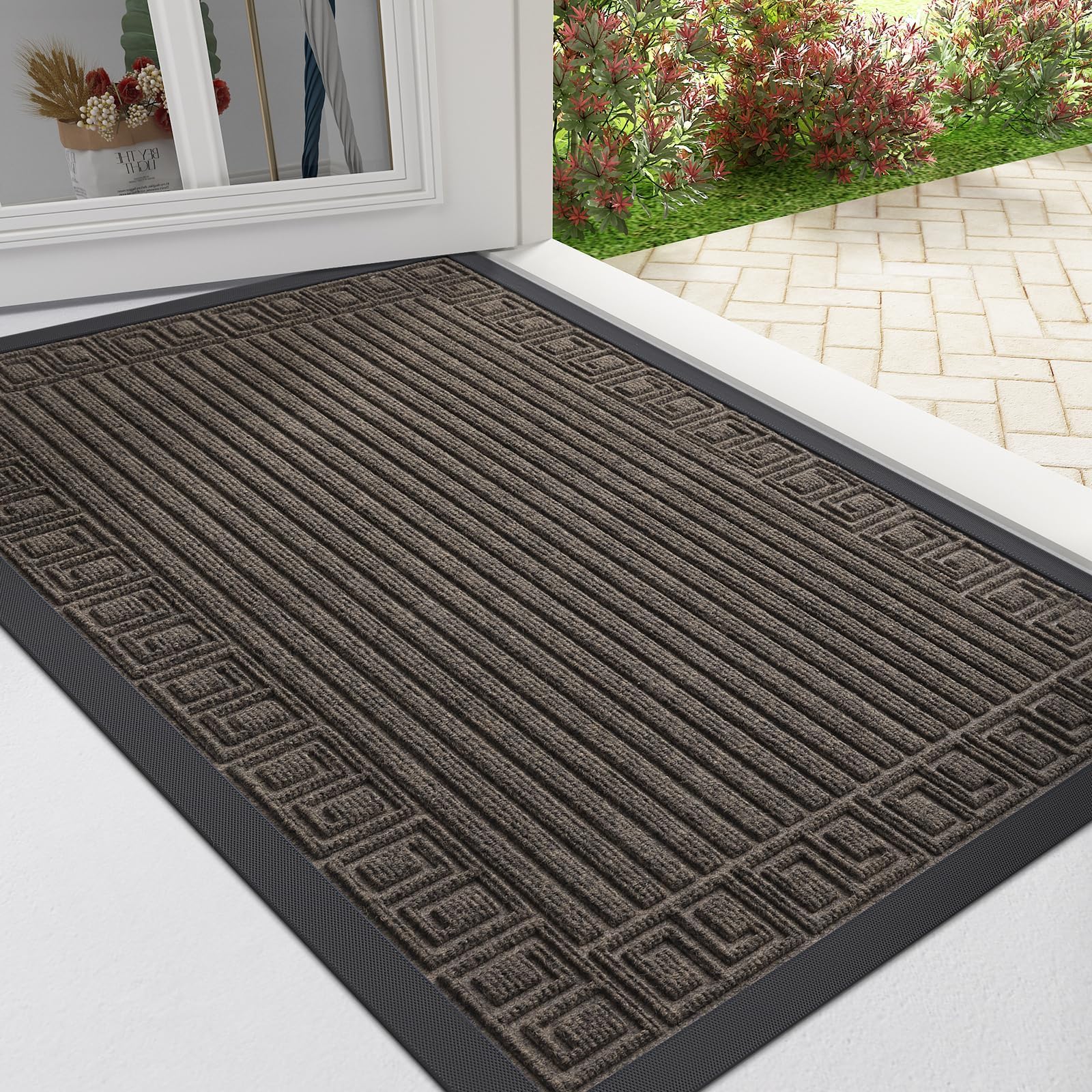 Homaxy Felpudo para exterior e interior, antideslizante, para exterior, resistente a la intemperie, duradero, lavable, para exterior, balcón, puerta de casa, entrada (Greek Keys, 40 x 60 cm, marrón)