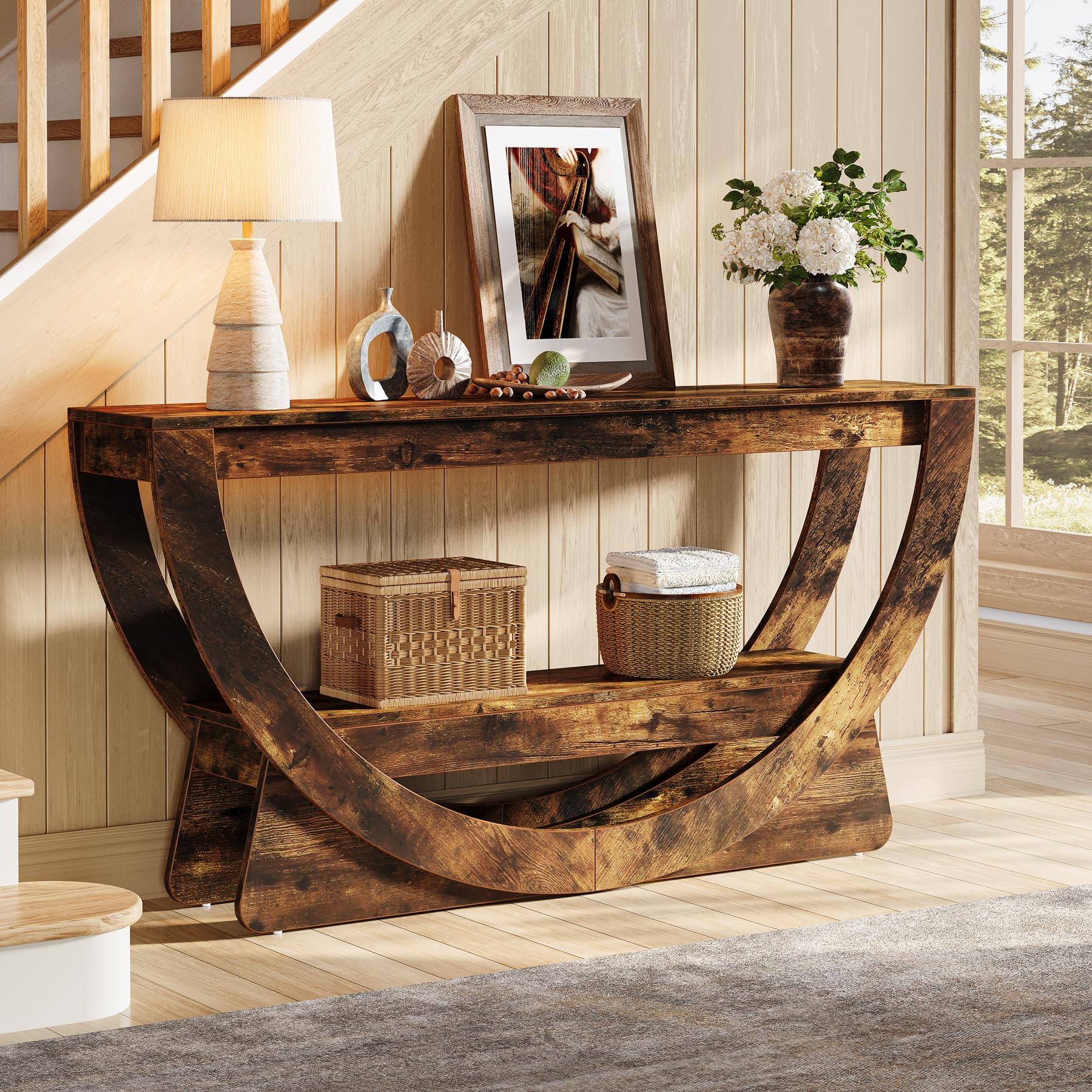 Tribesigns Table Console 160 cm, Industrielle Table d'entrée à Deux Fermier avec étagères de Rangement, Table d'appoint en Bois pour Couloir, Salon, entrée, Hall (Brun foncé)