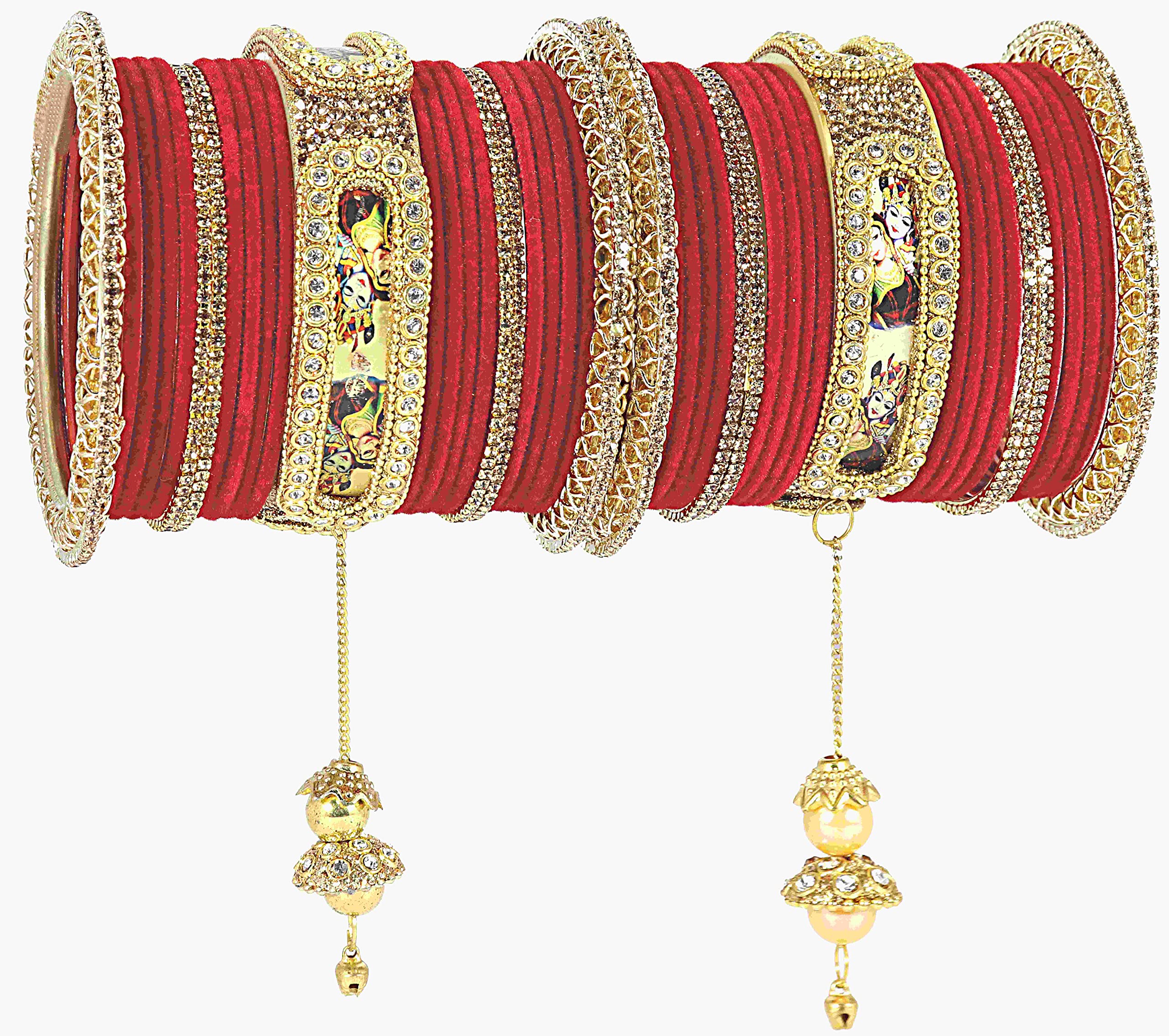 NMII Non-Precious Metal Base Metal With Velvet and Raadha Krishna Printed Design Or Zircon Gemstone Pearls Latkan Bangles Set For Women and Girls,(Red_2.6 Inches), Pack Of 46 Bangles Set (B0B68R1LLZ) Amazon Price History, Amazon Price Tracker