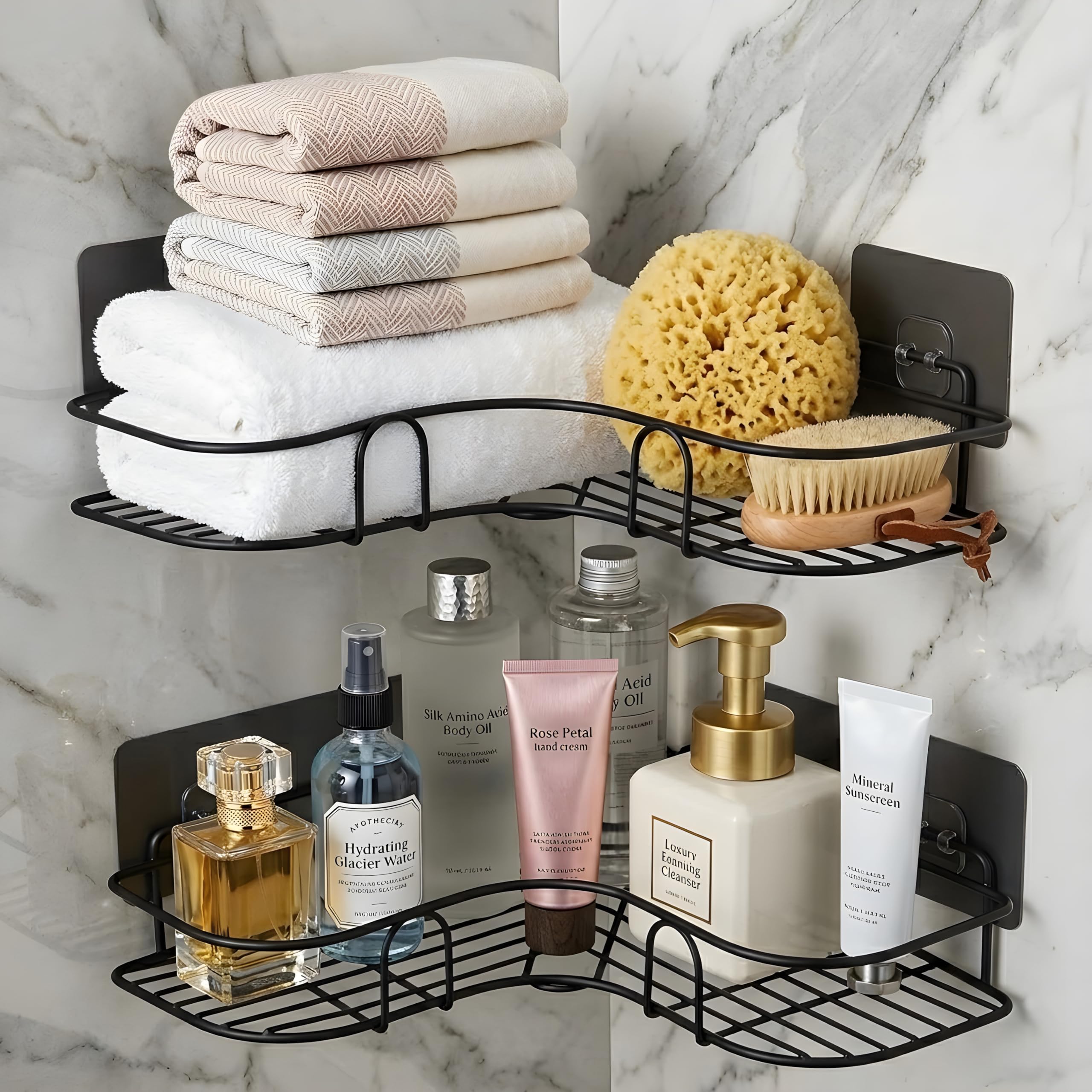 RAYMOX Pack of 2 Self-Adhesive Shelf/Storage Organizer for Bathroom and Kitchen Corner Wall Mounted Rack Shelf Bathroom Accessories Storage Rack No Drilling-Shelf Adhesive-picture-32