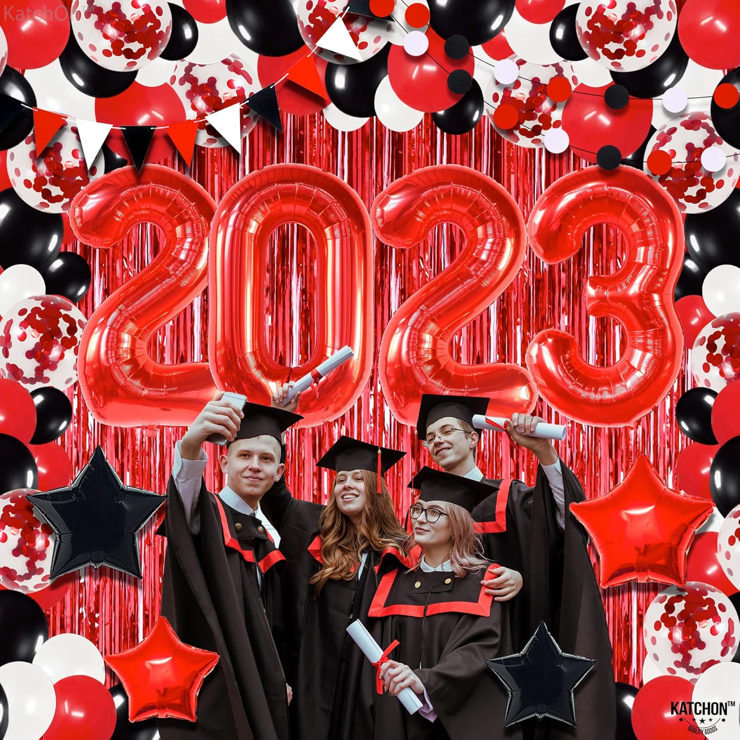 KatchOn, Red Graduation Party Decorations 2023 Set - Giant Pack of 132, Graduation Balloon Arch Kit | 2023 Balloons Red, Fringe Graduation Backdrop | Graduation Decorations Class of 2023 Balloons Arch