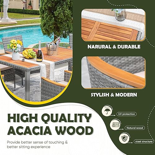 Miniatura 3 de Devoko Muebles de comedor de 7 piezas, juego de conversación de patio con mesa de madera de acacia, para exteriores, cojín beige y ratán gris