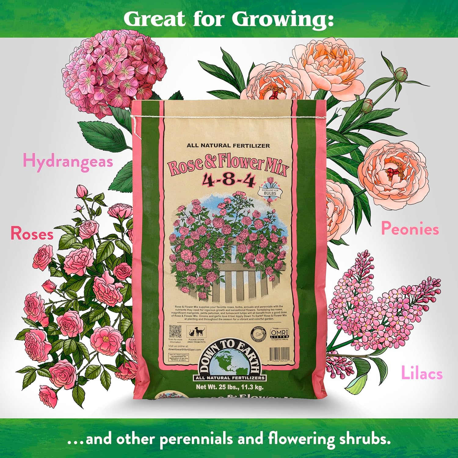 Down To Earth All Natural Fertilizers Organic Rose & Flower Mix - Plant Food for Roses, Bulbs, Flowers and Ornamentals 4-8-4, 25 lb