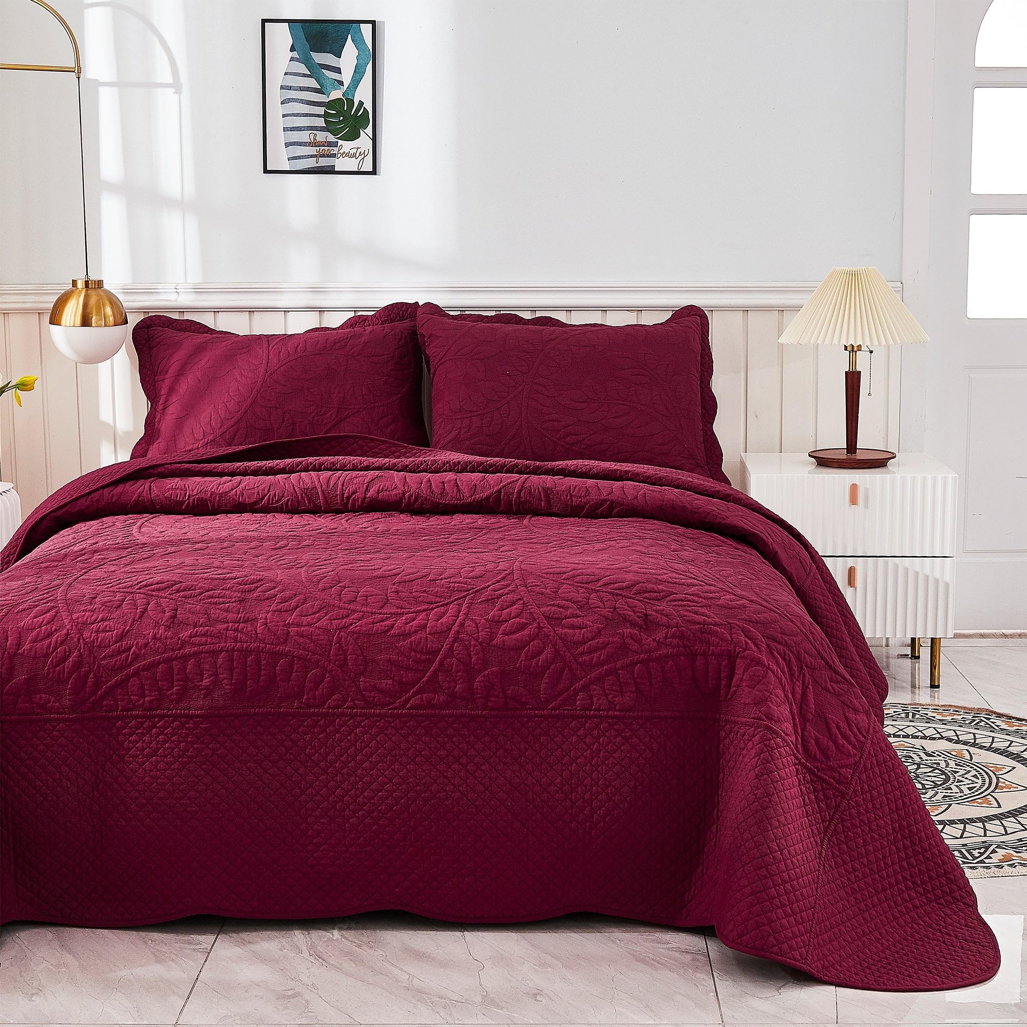 MarCielo 100% Cotton Quilt Set - 3-Piece Embroidered Farmhouse Bedspread &amp; Shams, All-Season Breathable Bedding(Wine Burgundy,King (106" x 98"))
