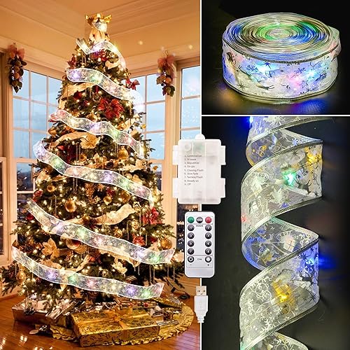 Decoraciones de Navidad, 2.5 pulgadas x 33 pies, 100 luces LED para árbol de Navidad con control remoto, funciona con pilas y alimentado por USB, 8