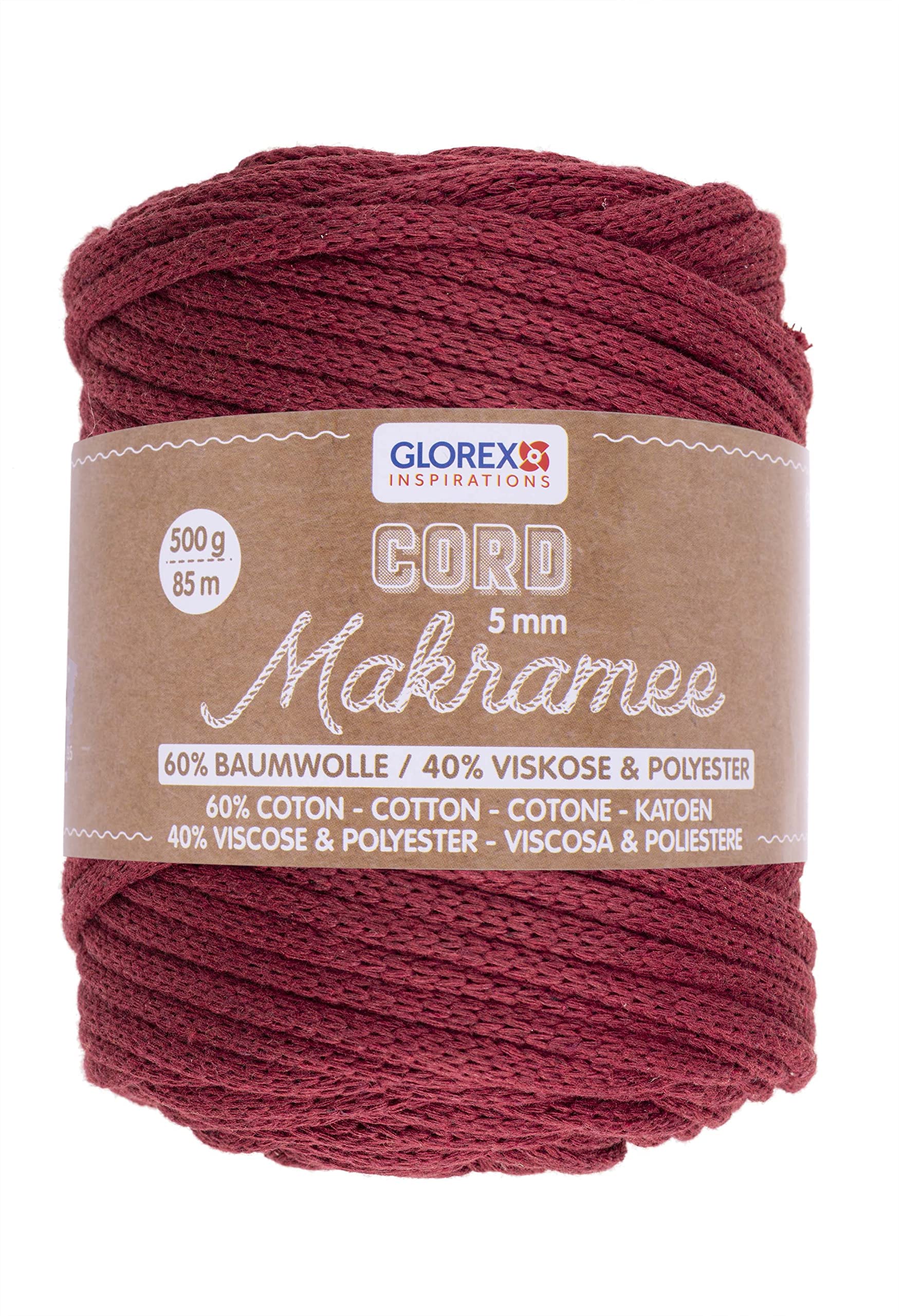 Cordón de macramé Glorex de 5 mm y 500 g en color burdeos de 85 m