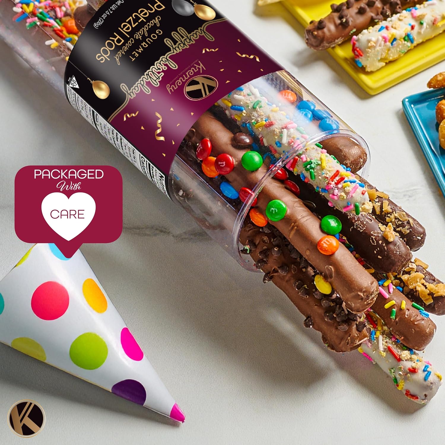 KREMERY Creamy Chocolate Cravings - Birthday Treats Chocolate Covered Pretzel Rods Gift Basket with Candied Toppings (8 Pretzels) Sweet Treats Food Arrangement in Clear Tube + Greeting Card, Kosher