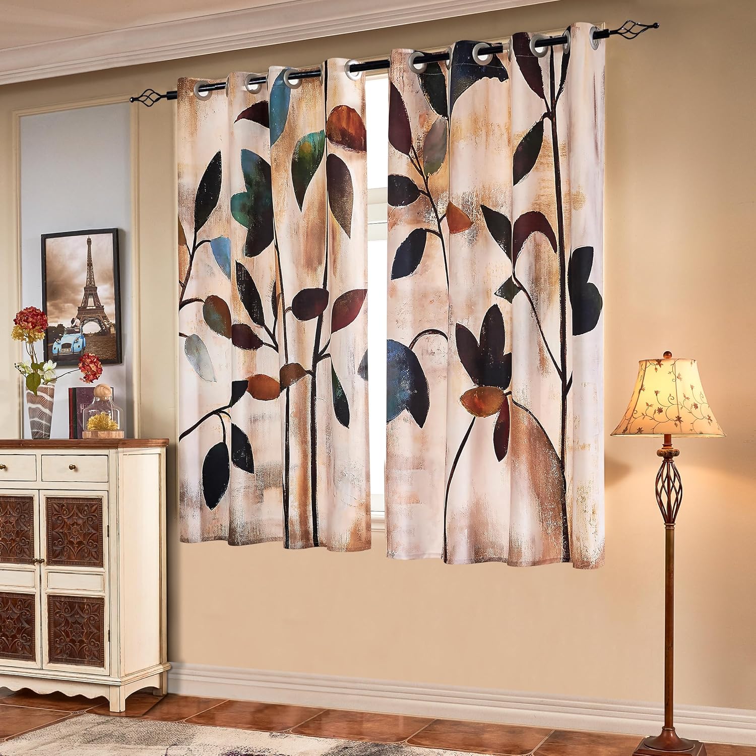 SUBRTEX Light Flitering Curtains 52Wx63L, Room Darkening Vibrant Floral Drapes, 50% Blackout, Semi Sheer Boho Farmhouse Curtains for Living Room, Brown