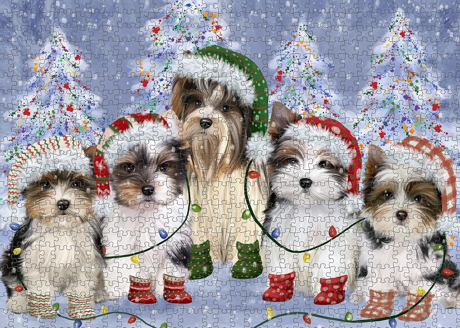Christmas Lights and Biewer Dogs Jigsaw Puzzle for Adults - Animal Printed Interlocking Puzzle Game Artwork - Gift for Dog Lover's - 1000 Pcs 29.5"x19.7"