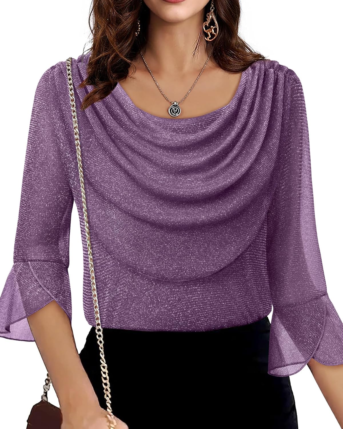 Lotusmile Blouses for Women Dressy Casual 3/4 Sleeve Cowl Neck Sparkly Tops Cocktail Shirts for Evening Party - Image 4