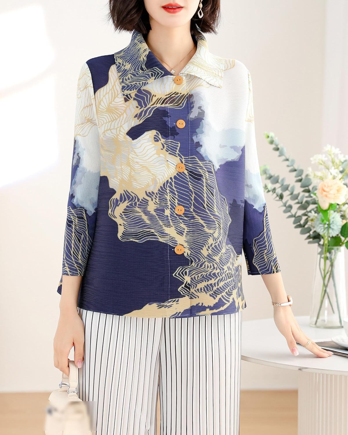 LAI MENG FIVE CATS Women's Casual Collared Neck Print Button Up Loose Blouse Elasticity Tops - Image 2