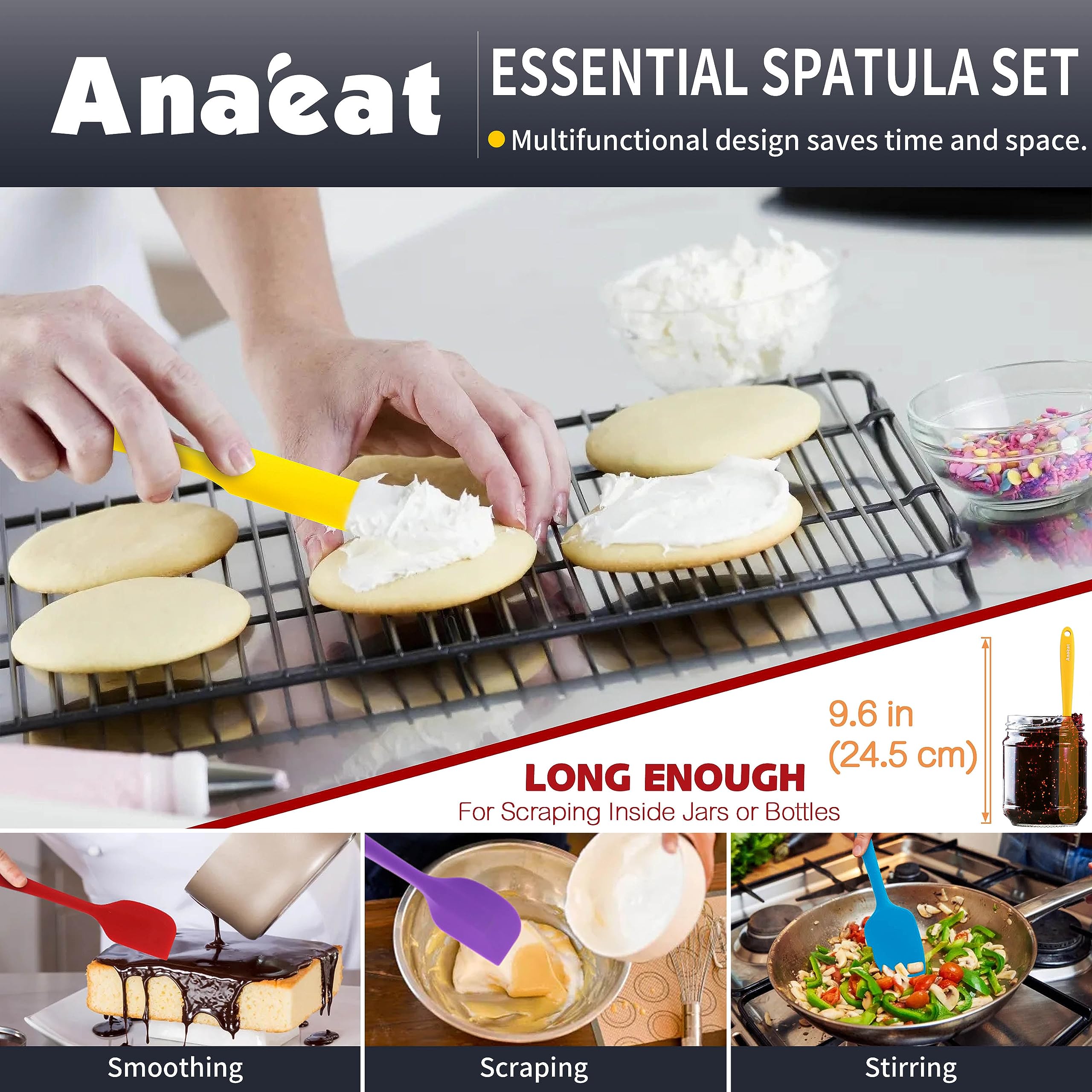 Anaeat Juego de 5 espátulas de silicona, diseño de una sola pieza sin costuras, espátulas de goma antiadherentes, sin BPA, raspador de cocina flexible para hornear, cocinar, raspar y mezclar