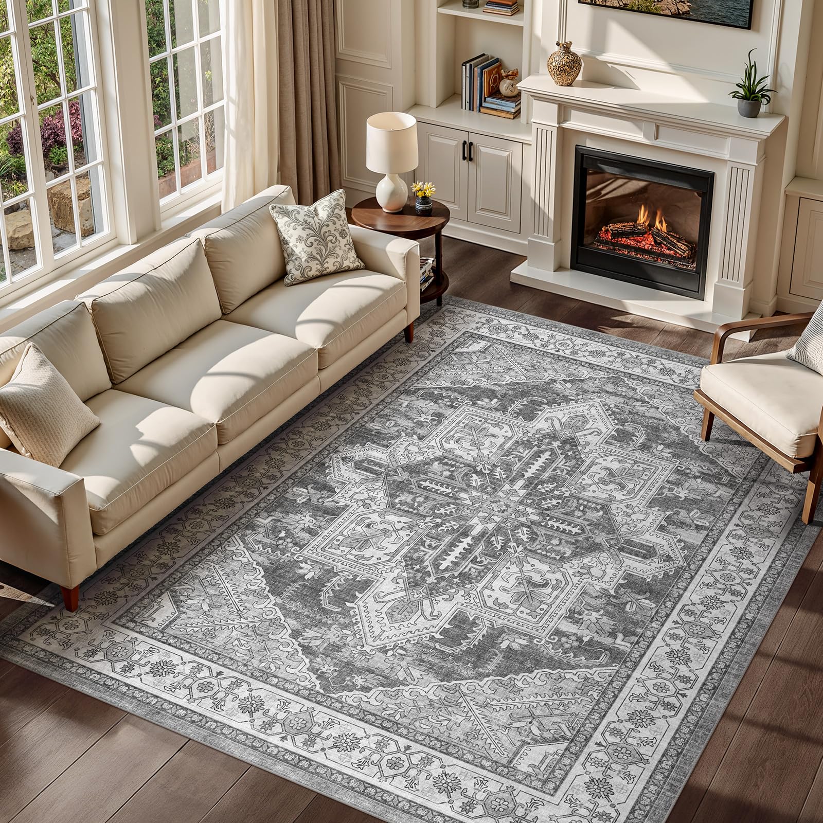 WITSHOCK Living Room Area Rugs 9x12: Washable Rug Boho Soft Low Pile Non Slip Stain Resistant Foldable Carpet for Bedroom Playroom Dining Room Office