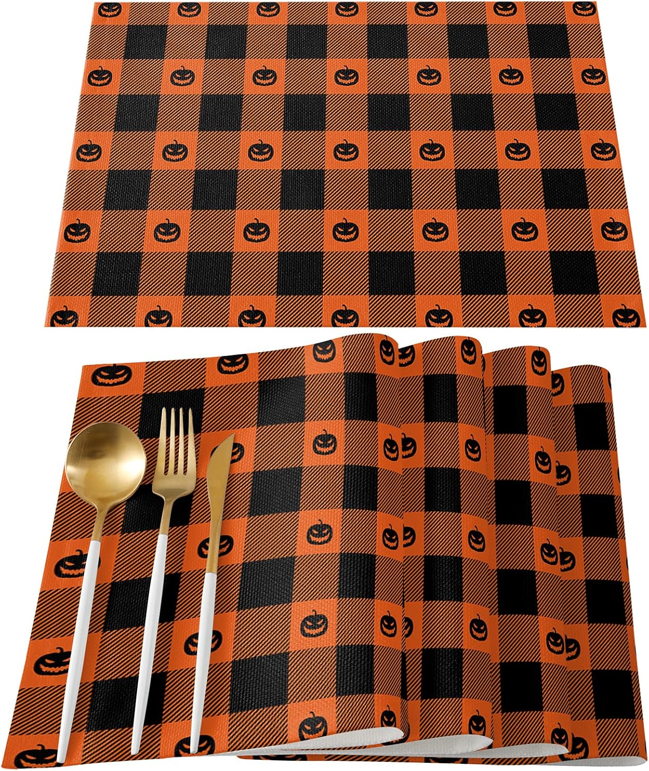 Halloween Placemats for Dining Table Set of 6, Cotton Linen Table Mats Non-Slip Washable Kitchen Table Placemats for Adults/Kids, Halloween Funny Pumpkins with Orange Black Buffalo Checkered Plaids