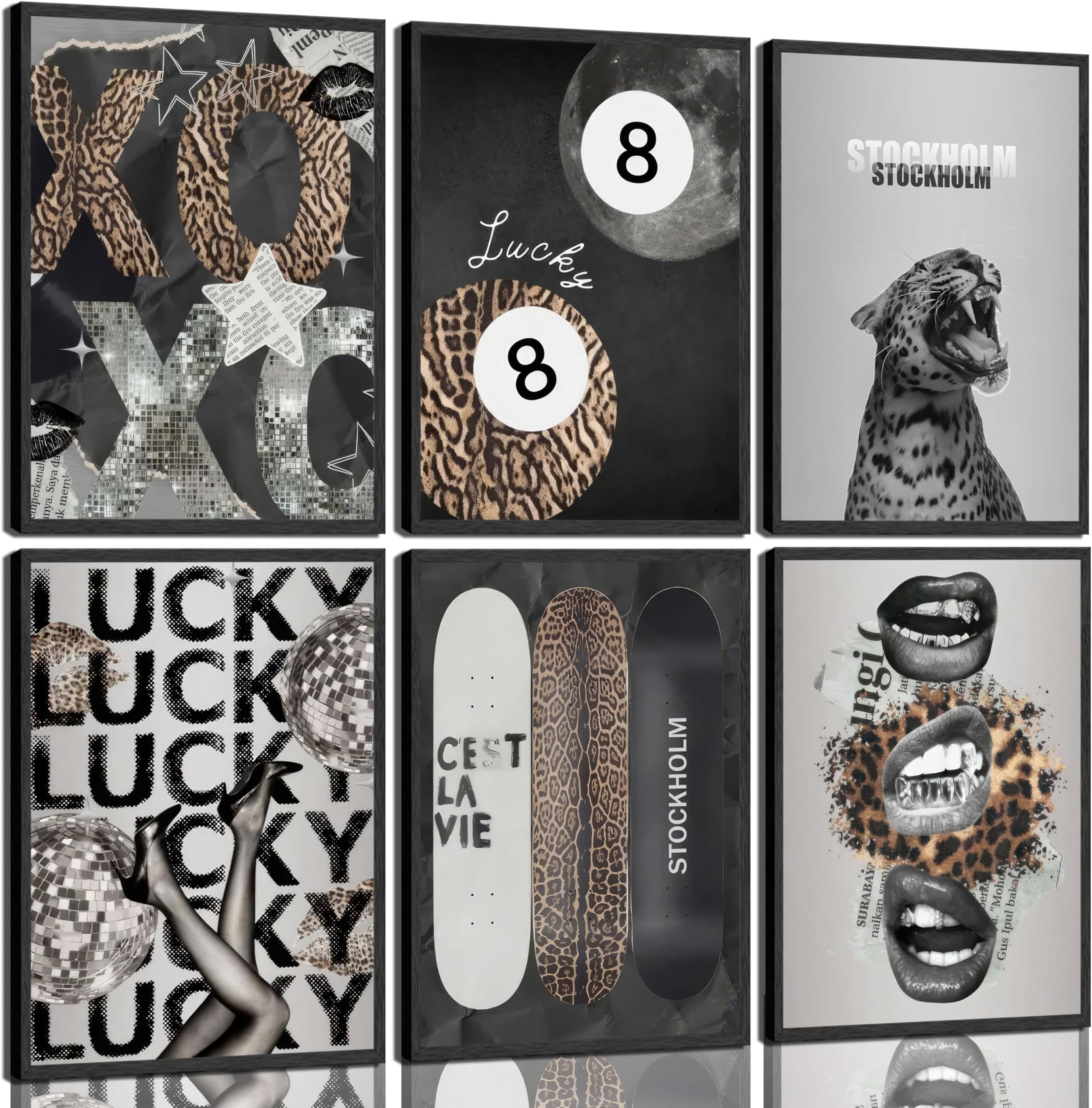 6Pcs Trendy Leopard Wall Art Stockholm Style Posters Prints Funky Cheetah Canvas Wall Decor Lucky 8 Ball Painting Pictures for Girls Bedroom Apartment Dorm Unframed