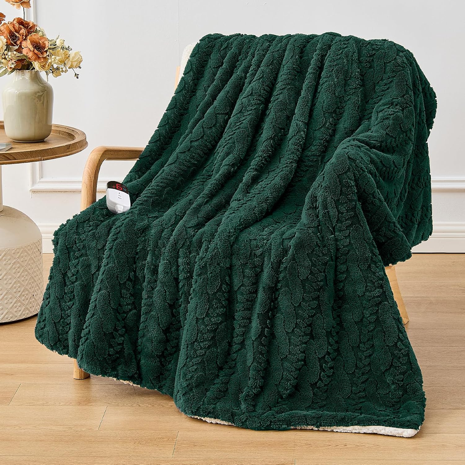Electric Heated Blanket Twin Size - Jacquard Shaggy Sherpa 62"x84" Fast Heating Bed Blankets with 6 Heating Levels & 10 Hours Auto Off, Over-Heated Protection ETL, Dark Green