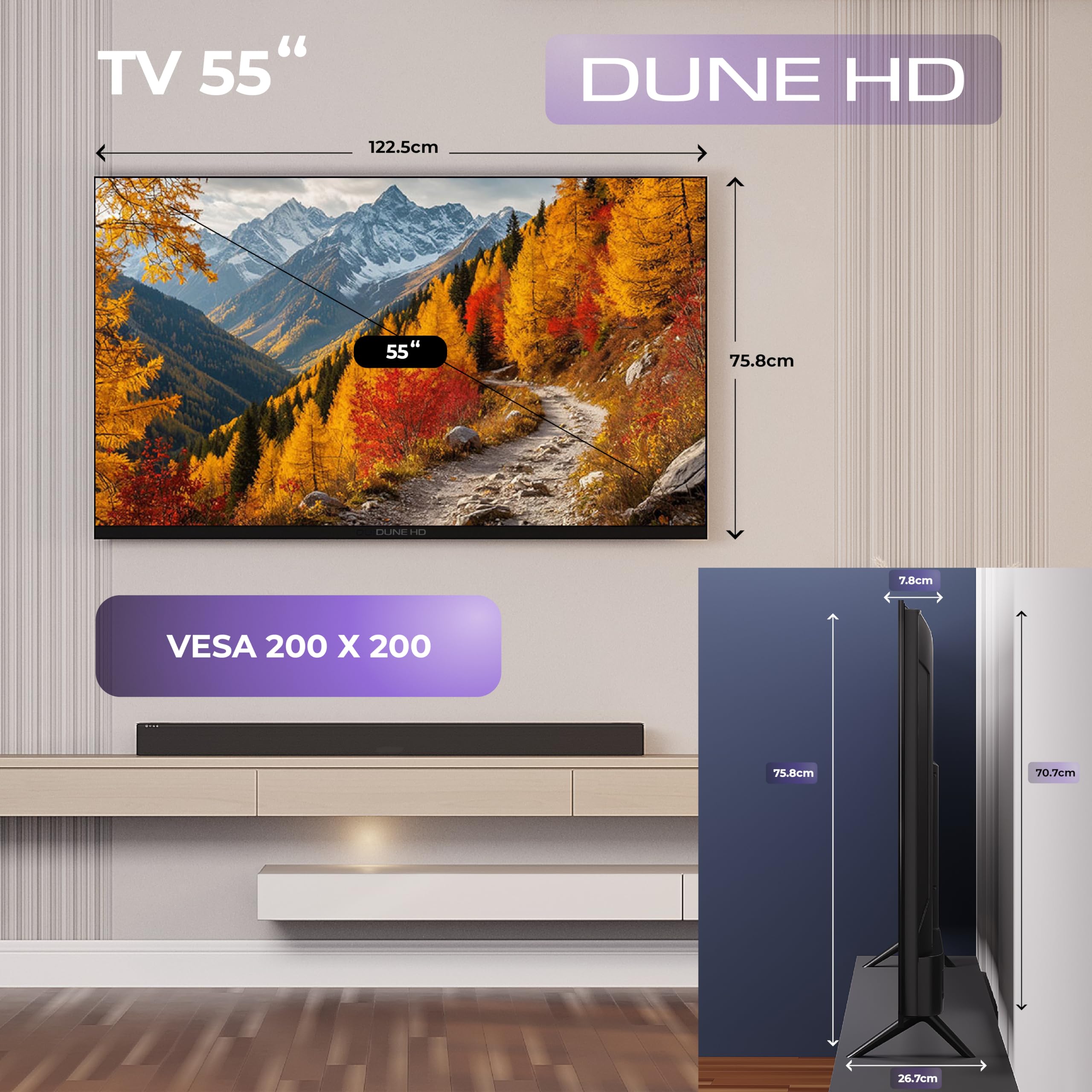 Dune HD Smart TV 55" (2026), QLED 4K UHD Quantum Dots, HDR10 HLG, Whale OS Android, 2+16, Trois Tuners DVB-T/T2/S/S2/C + TV analogique, Contrôle Vocal, AirPlay, Miracast (55, Pouces)