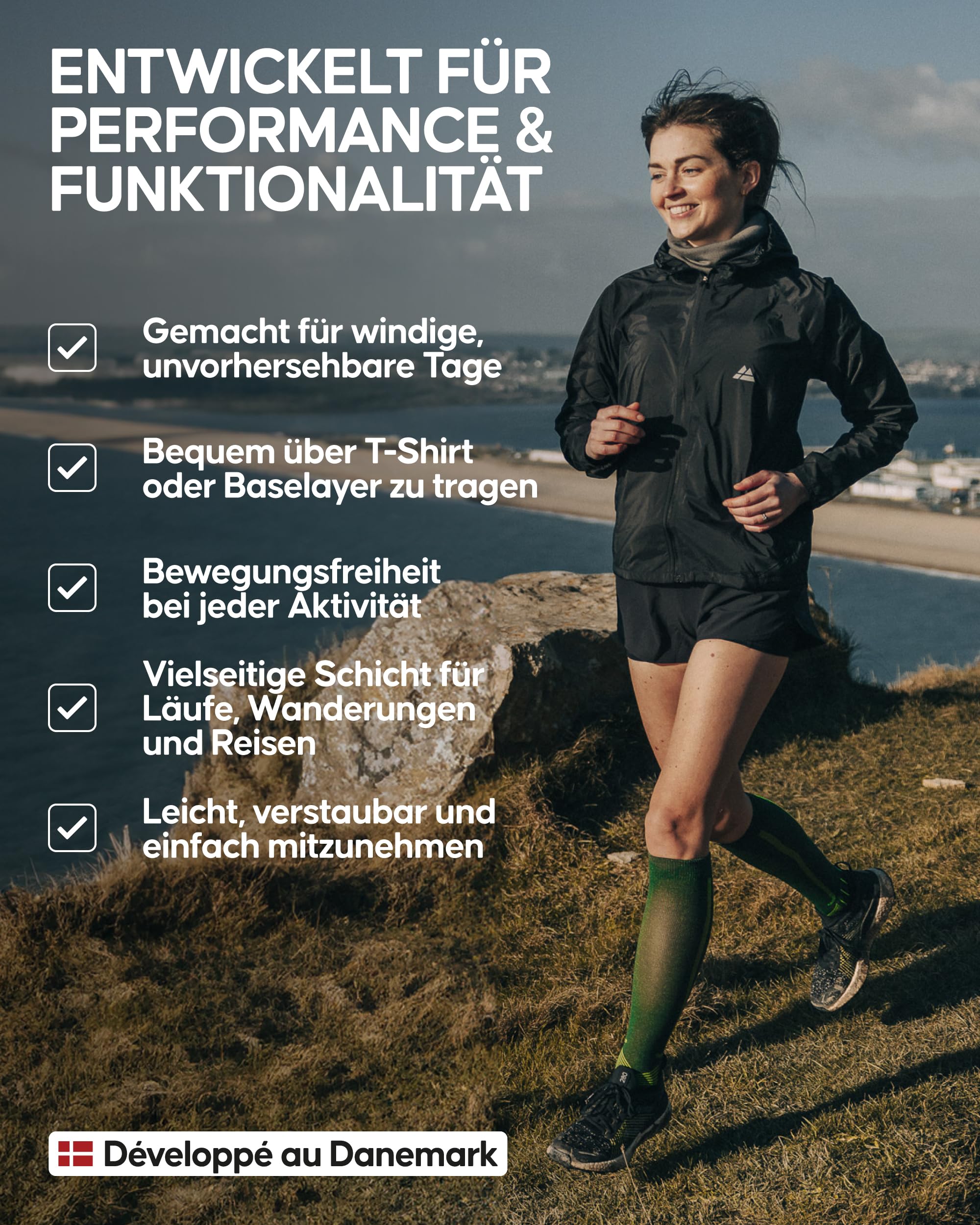 DANISH ENDURANCE Windbreaker-Jacke mit Kapuze, Faltbare Laufjacke aus recycelten Materialien, Atmungsaktive Sportjacke, Winddicht & Leicht, für Damen
