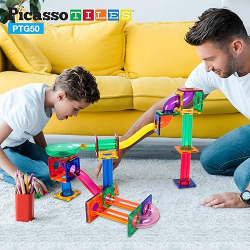 Miniatura 2 de PicassoTiles Marble Run - Pista de carreras magnética + libro de ideas con más de 150 ideas, 50 piezas de construcción magnética, desarrollo