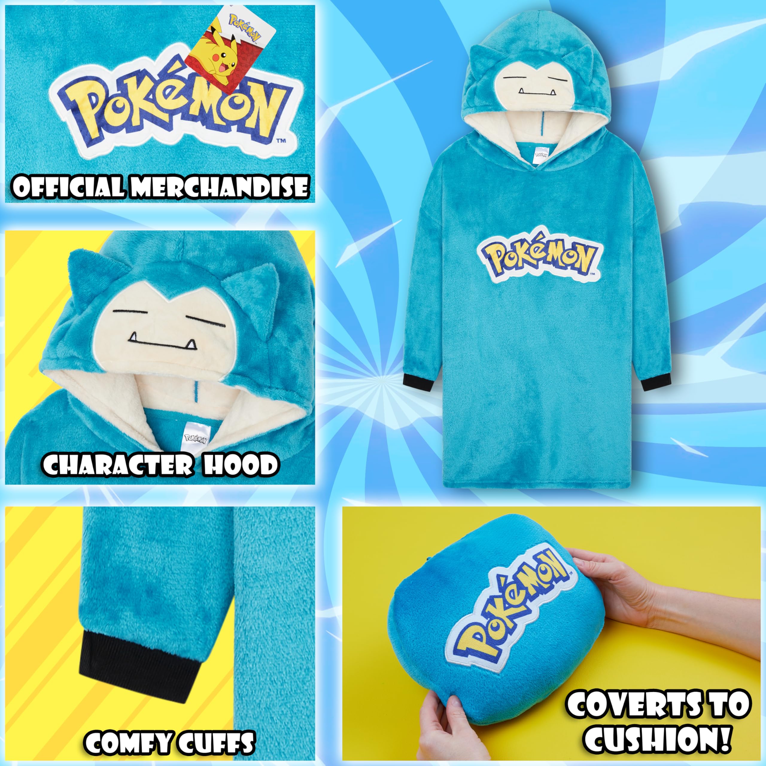Pokémon Sweat à Capuche Oversize Enfant, Pikachu Gengar Sweat Plaid Polaire Chaud avec ou sans Sac Intégré, Poncho Doux