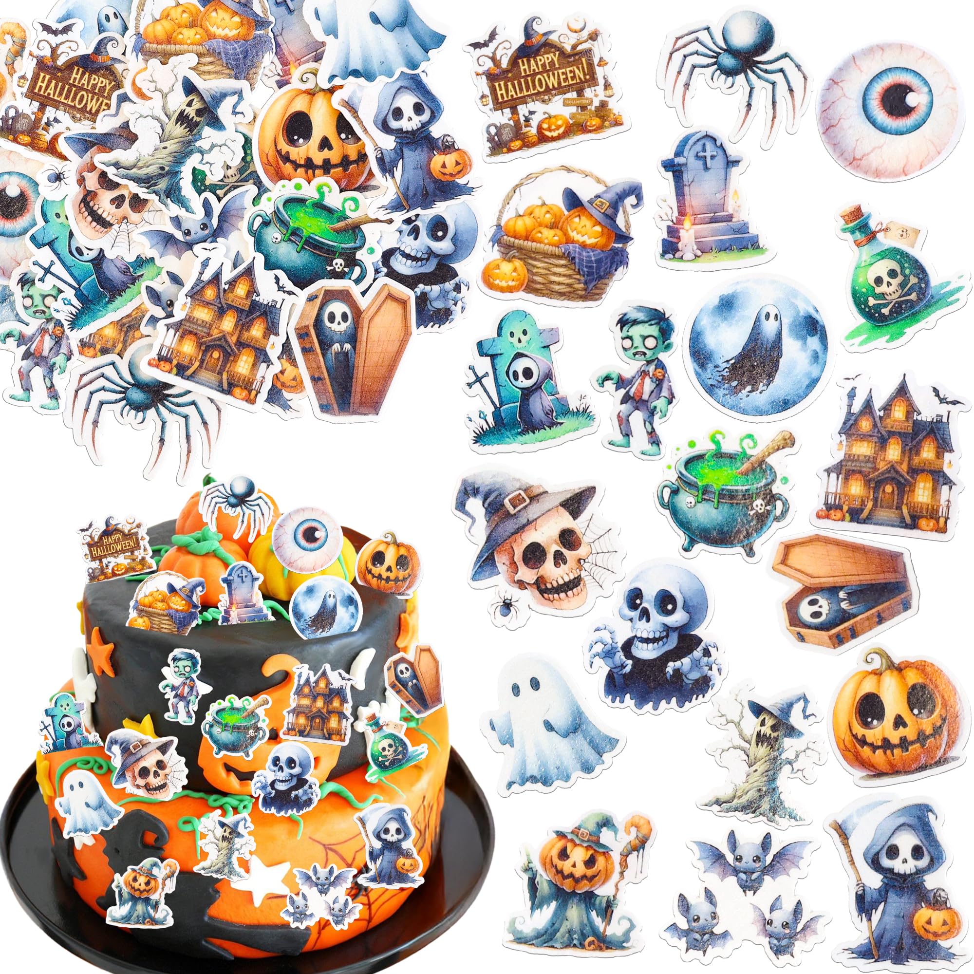 Ephlyn 54Pcs Edible Halloween Cupcake Toppers Wafer Paper Pumpkin Skull Ghost Cake Decoration Trick or Treat Cupcake Picks for Halloween Eve Theme Party Birthday Decor Supplies Multicolor